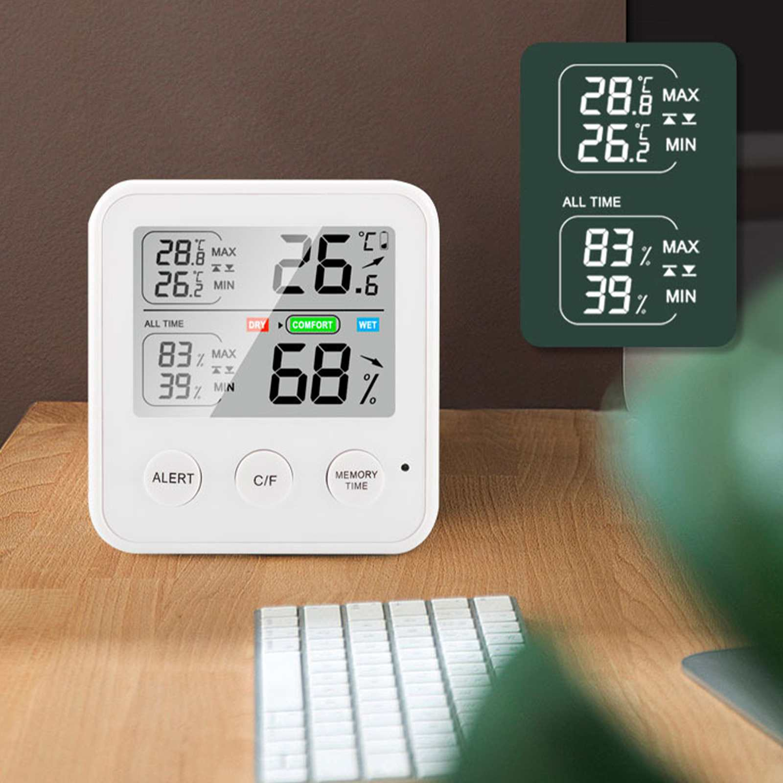 Ein weißes digitales Thermometer zeigt Temperatur und Luftfeuchtigkeit an. Andere Anzeigen zeigen historische Daten. Tasten für Warnungen und Einstellungen.