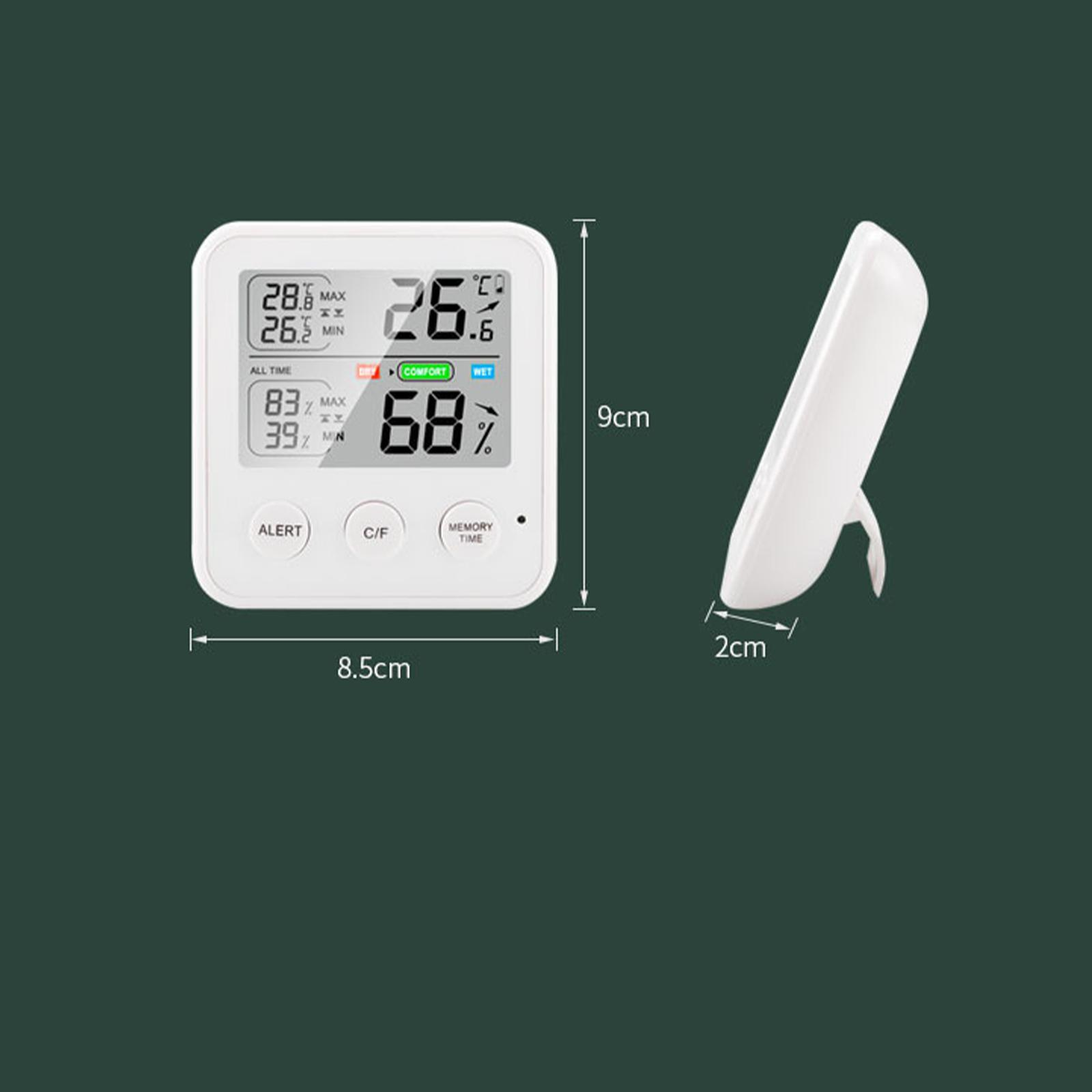 Ein digitales Thermometer zeigt Messwerte an: 26,6°C, 68 % Luftfeuchtigkeit und andere Temperatur-/Feuchtigkeitsdaten. Es ist weiß und abgewinkelt.