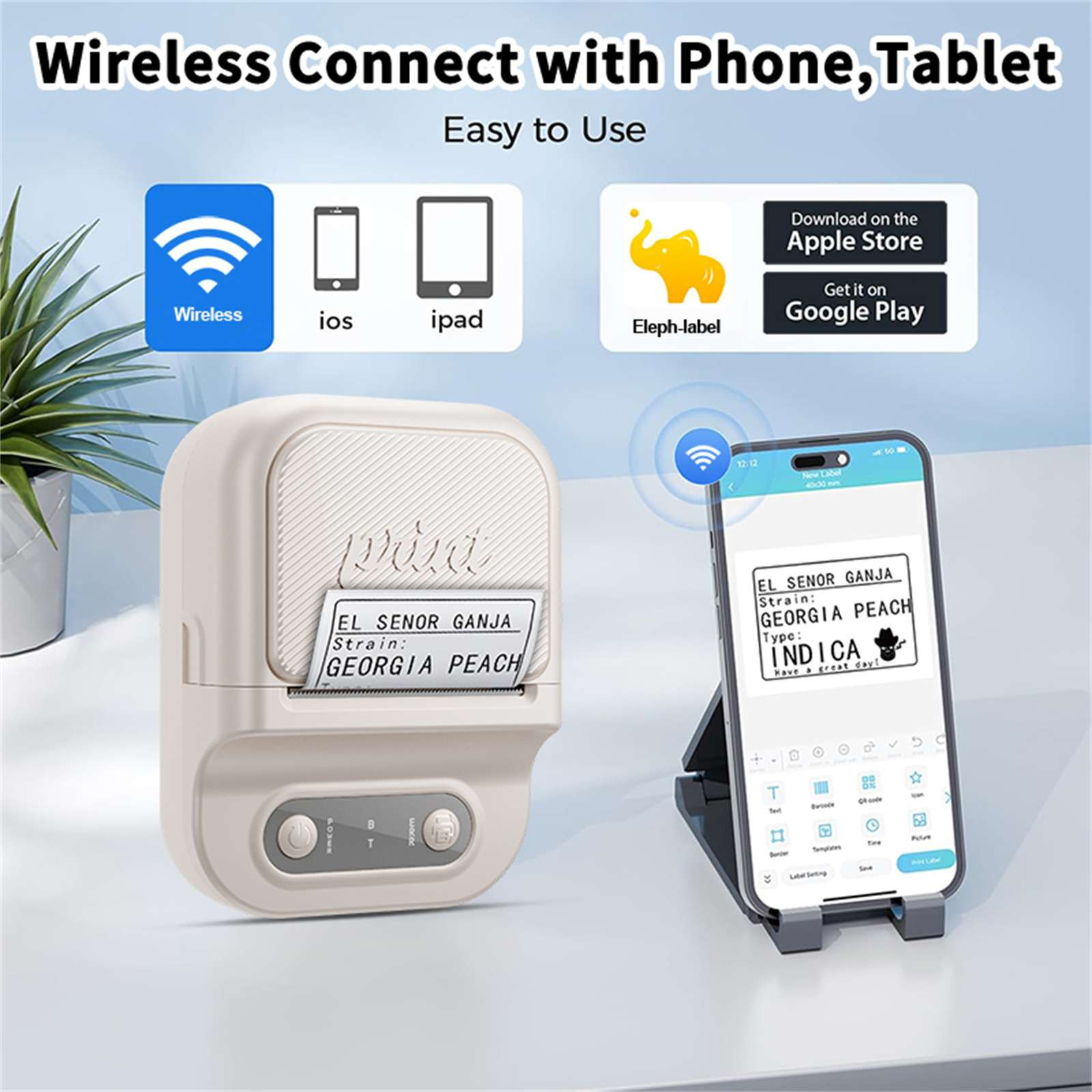 Ein Etikettendrucker und ein Smartphone werden angezeigt. Der Drucker ist beige, das Telefon zeigt ein Etikettendesign.