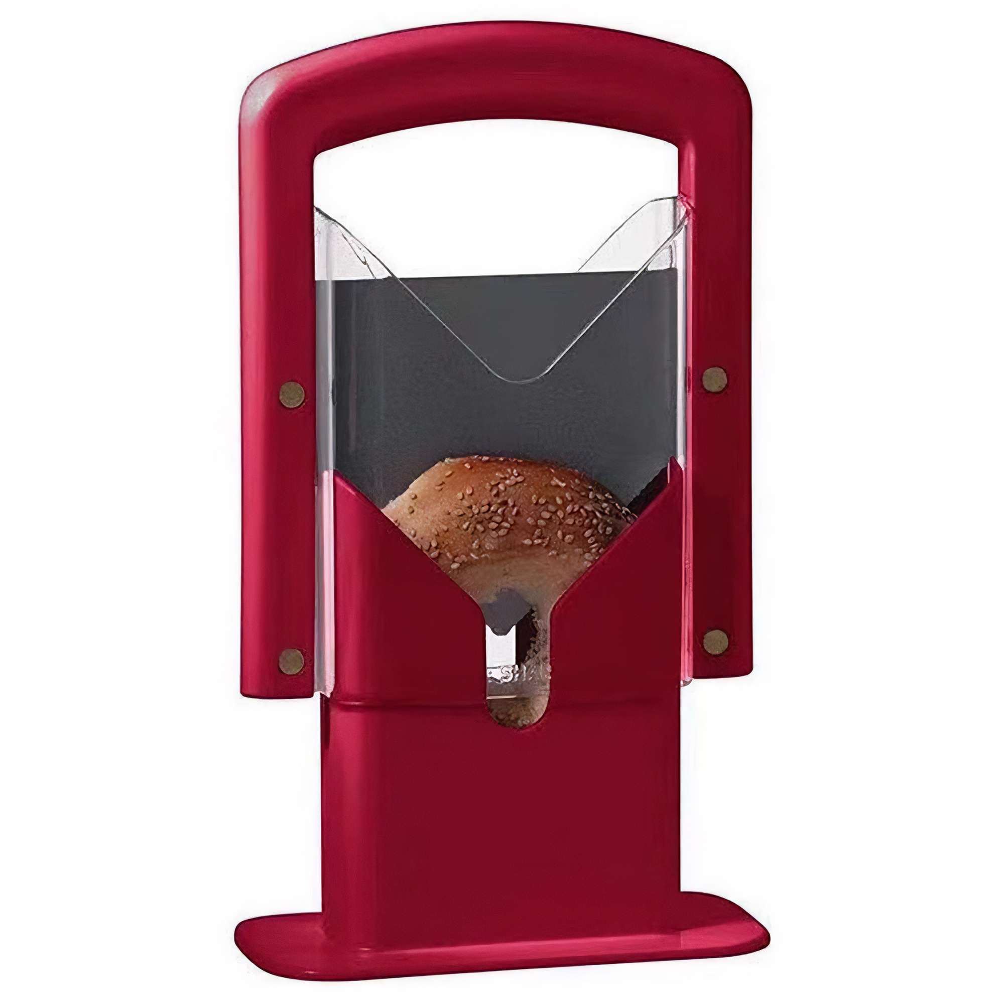 Ein roter Brotschneider mit einem Brötchen. Der Schneider hat einen Griff und eine Klinge.