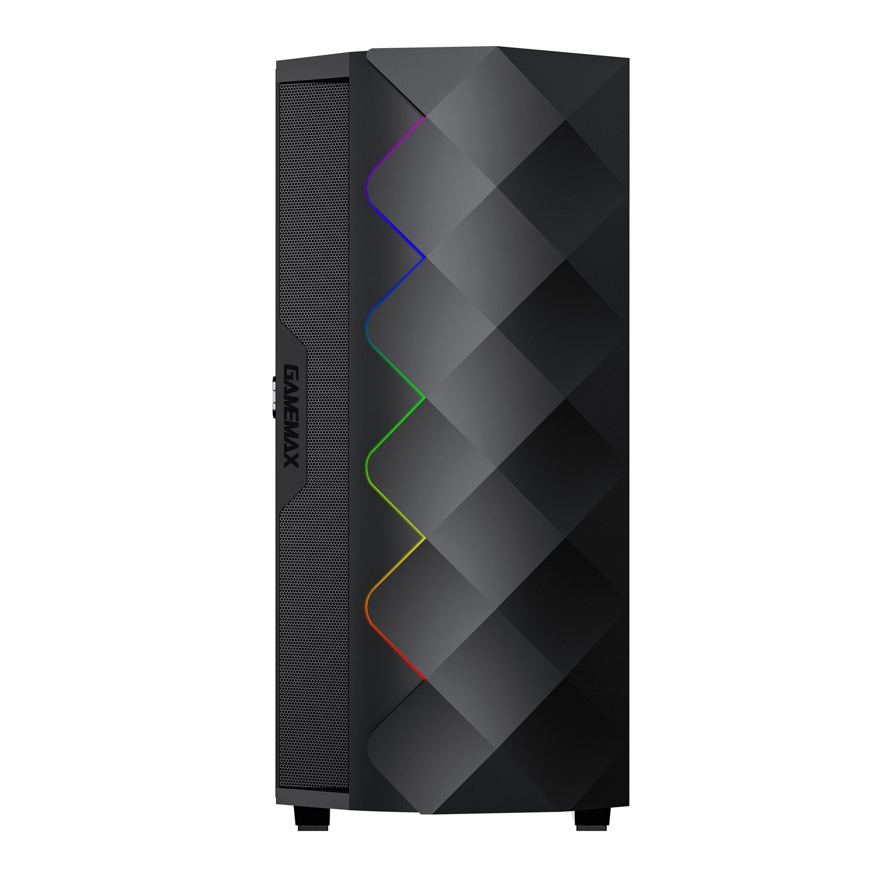 Ein schwarzes Computergehäuse mit geometrischem Design und Regenbogen-LED-Leuchten. Die Vorderseite hat ein Mesh-Panel und das GAMEMAX-Logo.