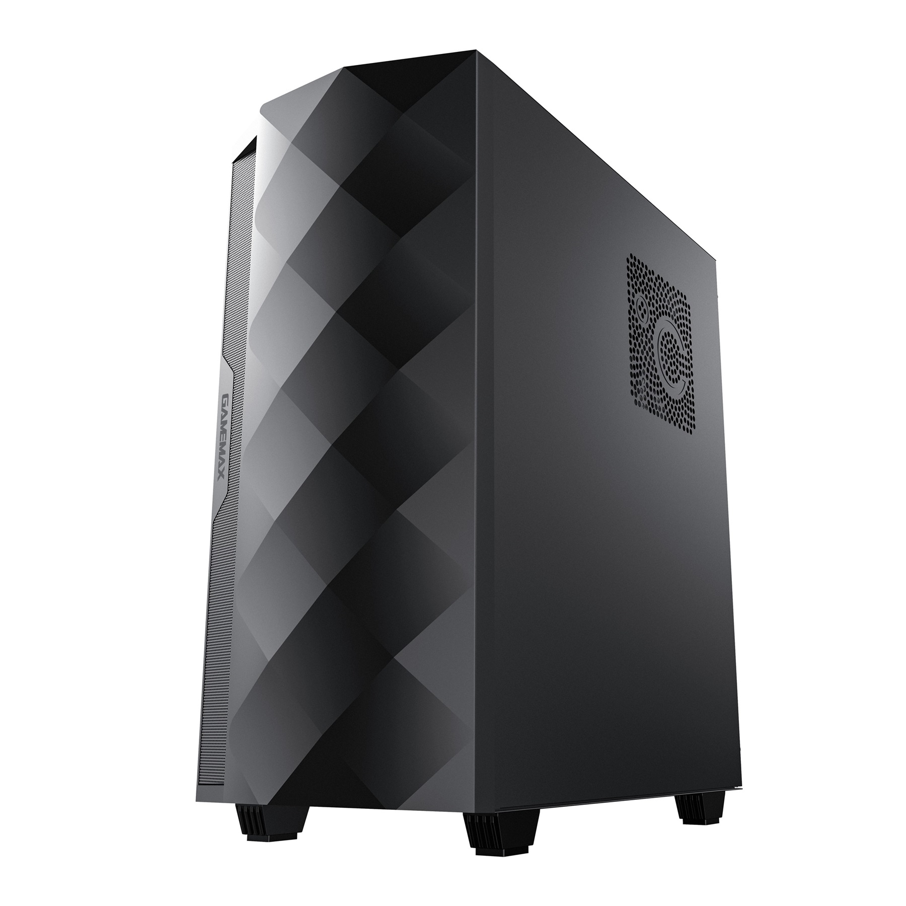 Ein schwarzes Computergehäuse mit geometrischer Frontplatte und Lüftungslöchern an der Seite. Der Markenname 'GAMEMAX' ist sichtbar.