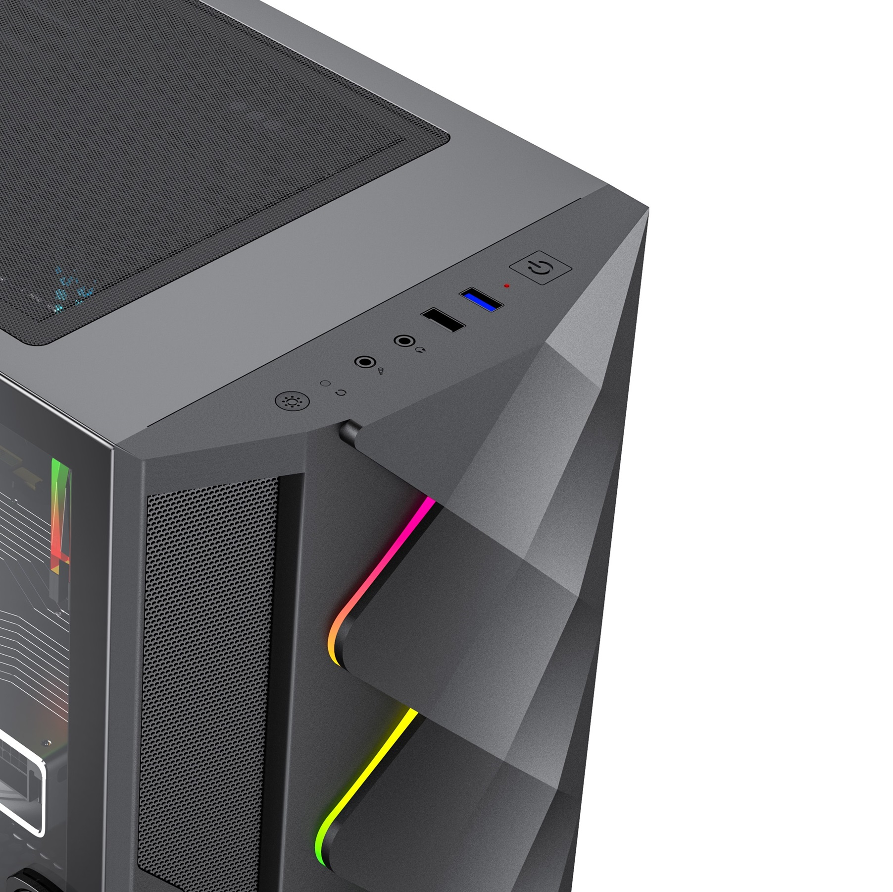 Ein graues Computergehäuse mit sichtbaren Strom- und USB-Anschlüssen. Es hat eine Mesh-Front und einen beleuchteten Streifen.