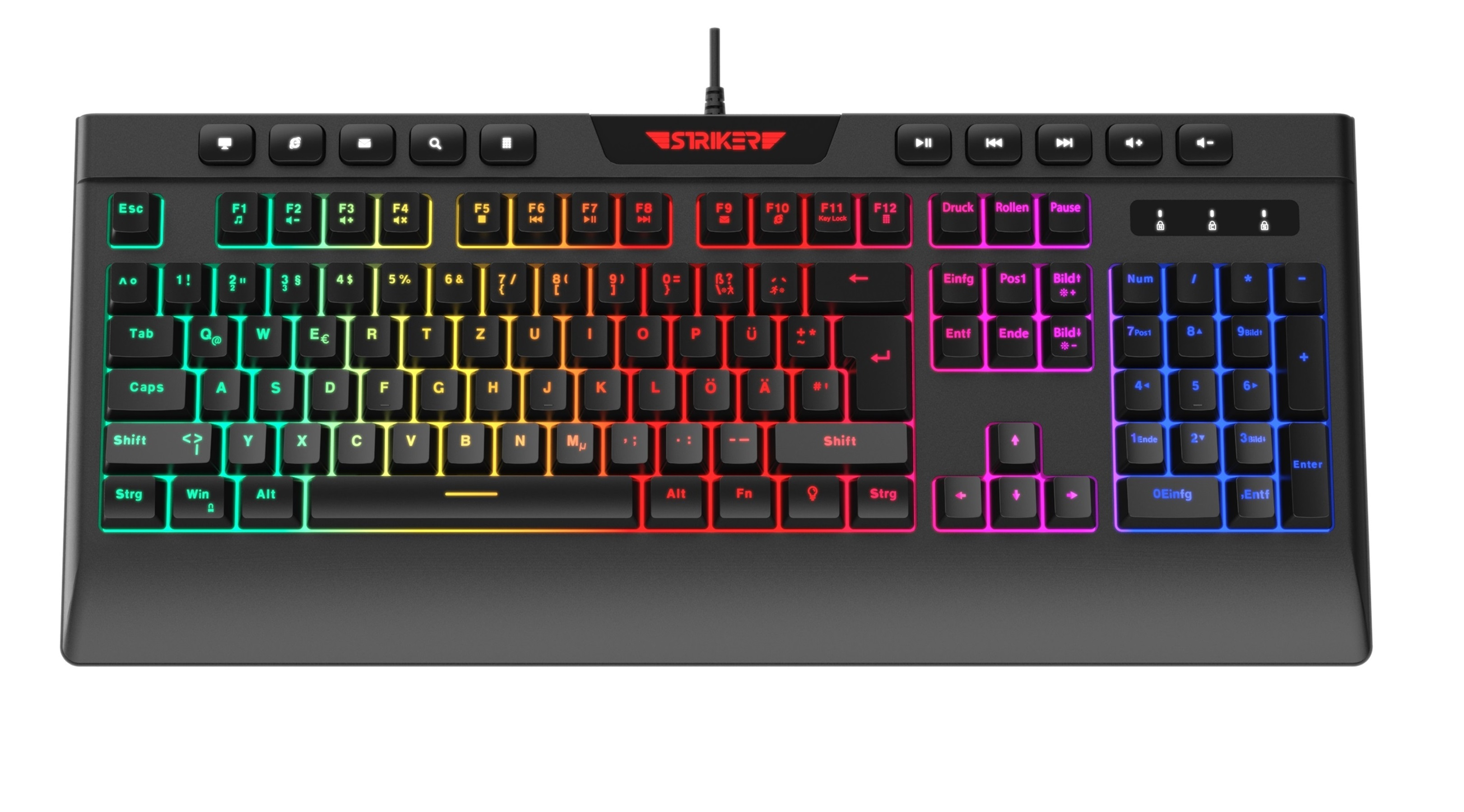 Eine schwarze Striker-Tastatur mit beleuchteten Tasten. Die Tasten sind mehrfarbig.