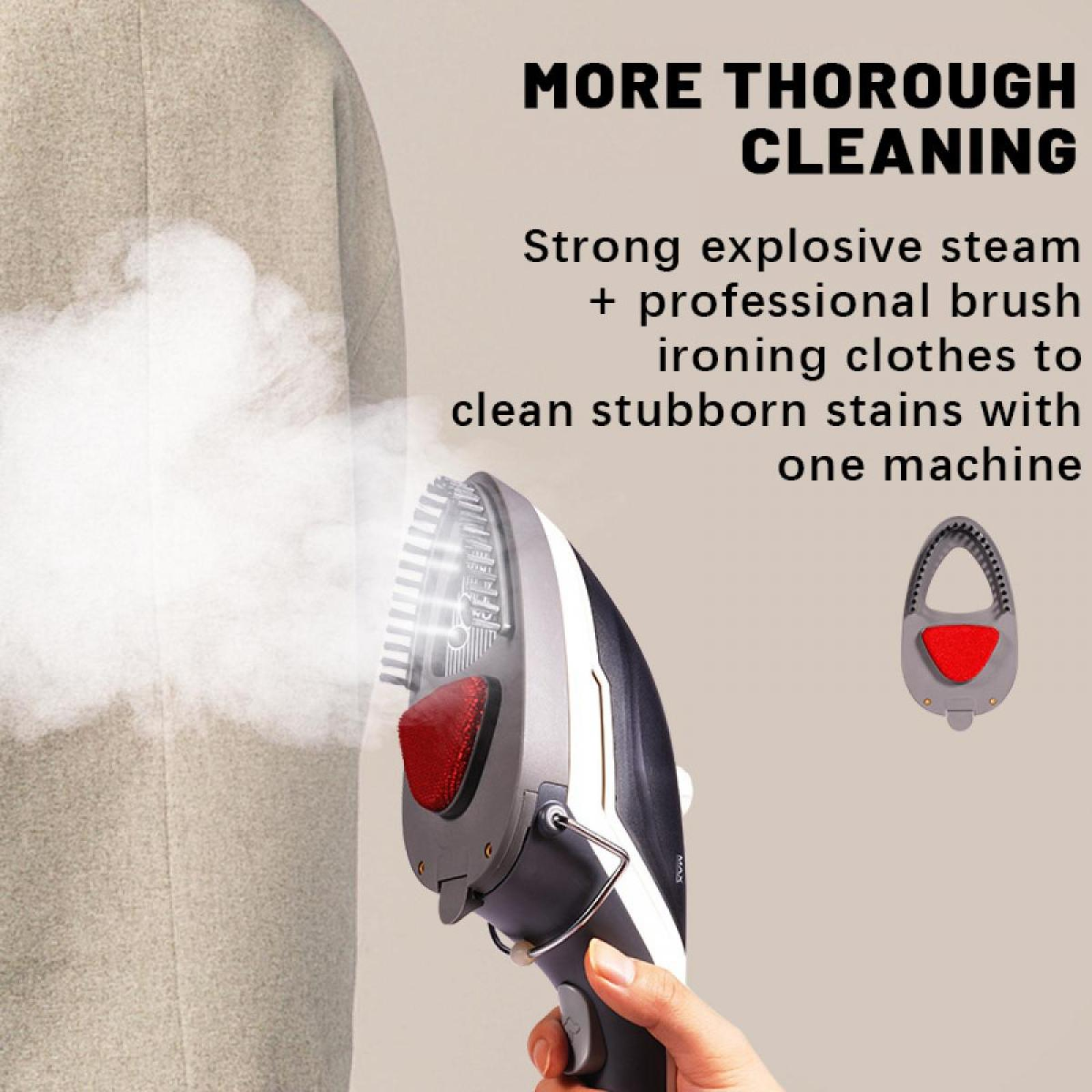Eine Hand hält einen Steamer, Dampf steigt gegen einen hellen Mantel auf. Der Text lautet 'More Thorough Cleaning' und beschreibt den Steamer.