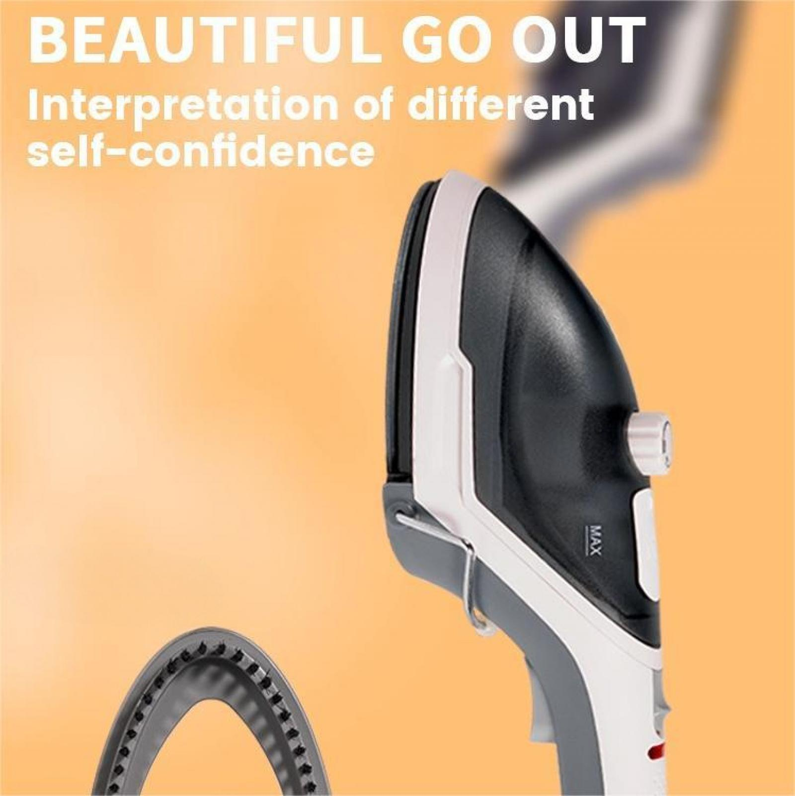 Ein Bügeleisen im Fokus vor gelbem Hintergrund. Der Text oben lautet 'Beautiful Go Out'. Das Bügeleisen ist schwarz, weiß und grau.