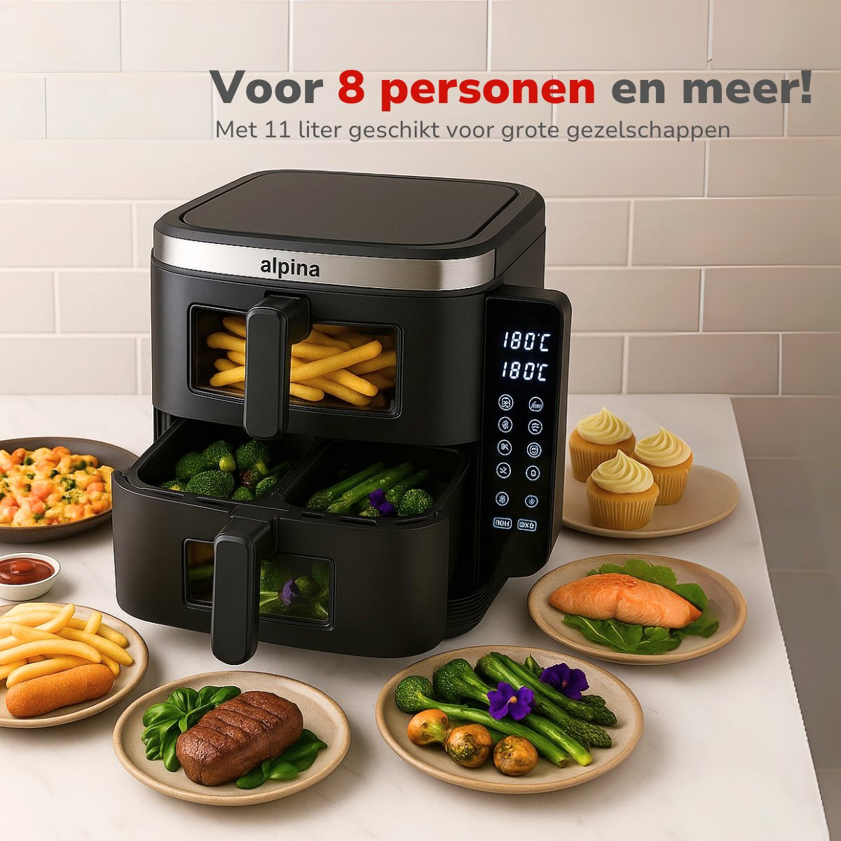 Zwarte airfryer met voedselmonsters zoals friet, broccoli, asperges en zalm. Tekst zegt: 'Voor 8 personen en meer'.