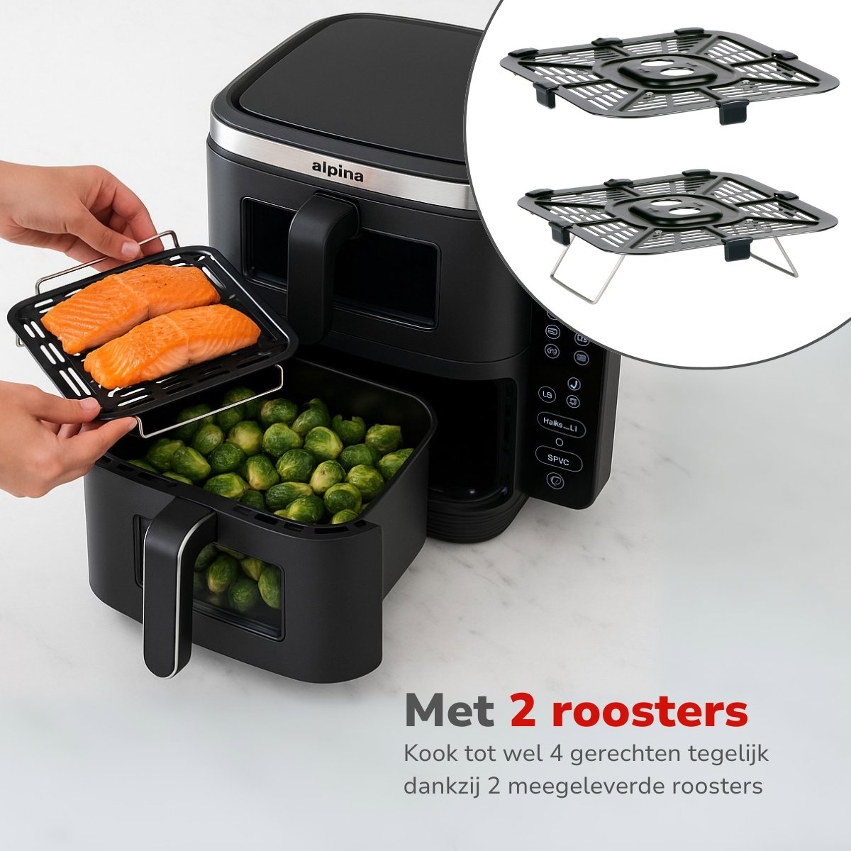 Een airfryer met zalm en spruitjes. Inclusief twee bakplaten, een met zalm, de andere met spruitjes. Zwart apparaat.