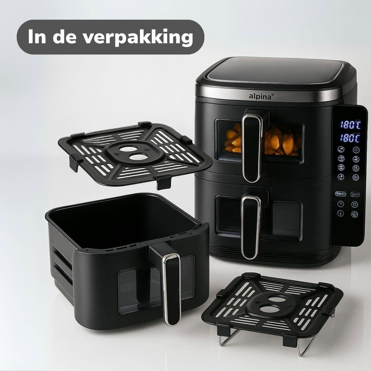 Zwarte airfryer met uitneembare onderdelen: mand, trays en hoofdeenheid. De unit toont een digitaal display.