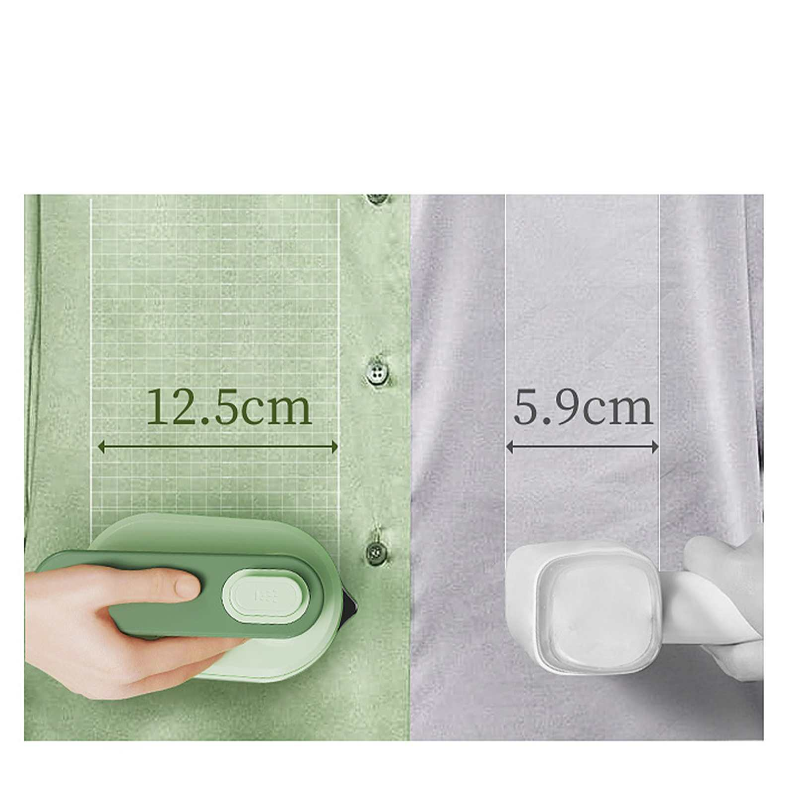 Eine Hand hält ein grün-weißes Bügeleisen vor einem hellgrünen Hemd. Die Maße sind angegeben: 12,5 cm und 5,9 cm.