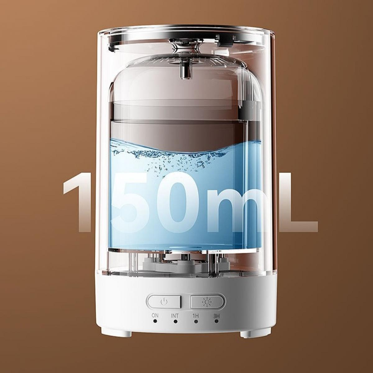 Transparenter Luftbefeuchter mit Wasserstand. Weiße Basis mit Knöpfen. 150ml Text. Brauner Hintergrund.