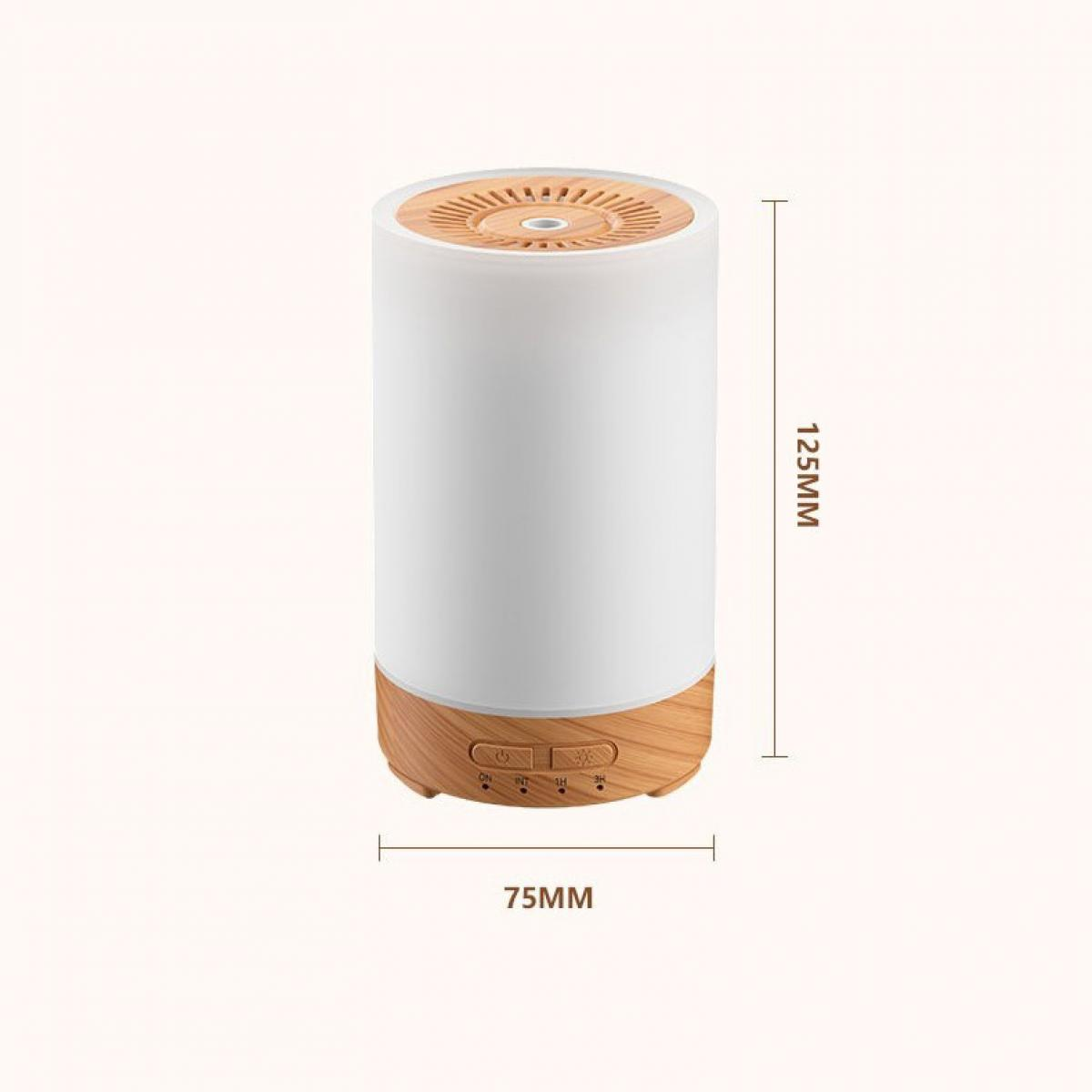 Ein zylindrischer Diffusor für ätherische Öle in Weiß und Holzoptik. Er hat Steuertasten und misst 125 mm hoch und 75 mm breit.