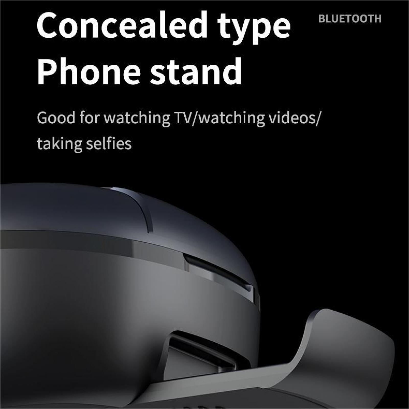 Ein schwarzer Telefonständer mit Text: Concealed type Phone stand, Bluetooth. Gut für Fernsehen, Videos und Selfies.