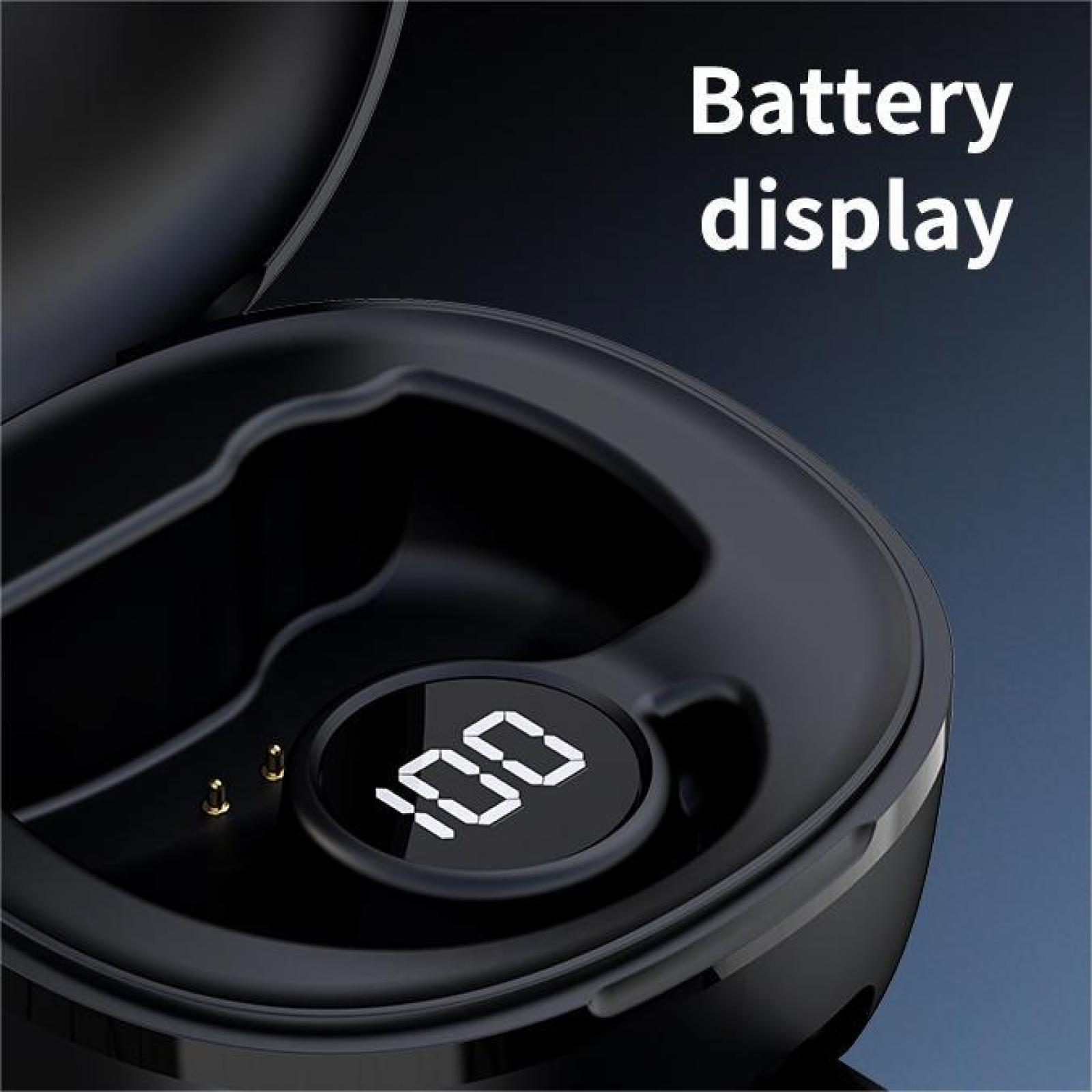 Schwarzes Kopfhörer-Etui mit Digitalanzeige, die 100 % anzeigt. Die Worte „Batterieanzeige“ stehen oben.