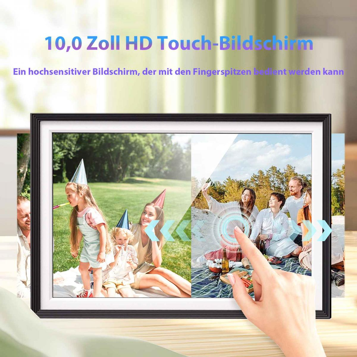 Ein digitaler Bilderrahmen zeigt Bilder von Menschen. Ein Finger berührt den Bildschirm. Text auf Deutsch steht oben auf dem Rahmen.