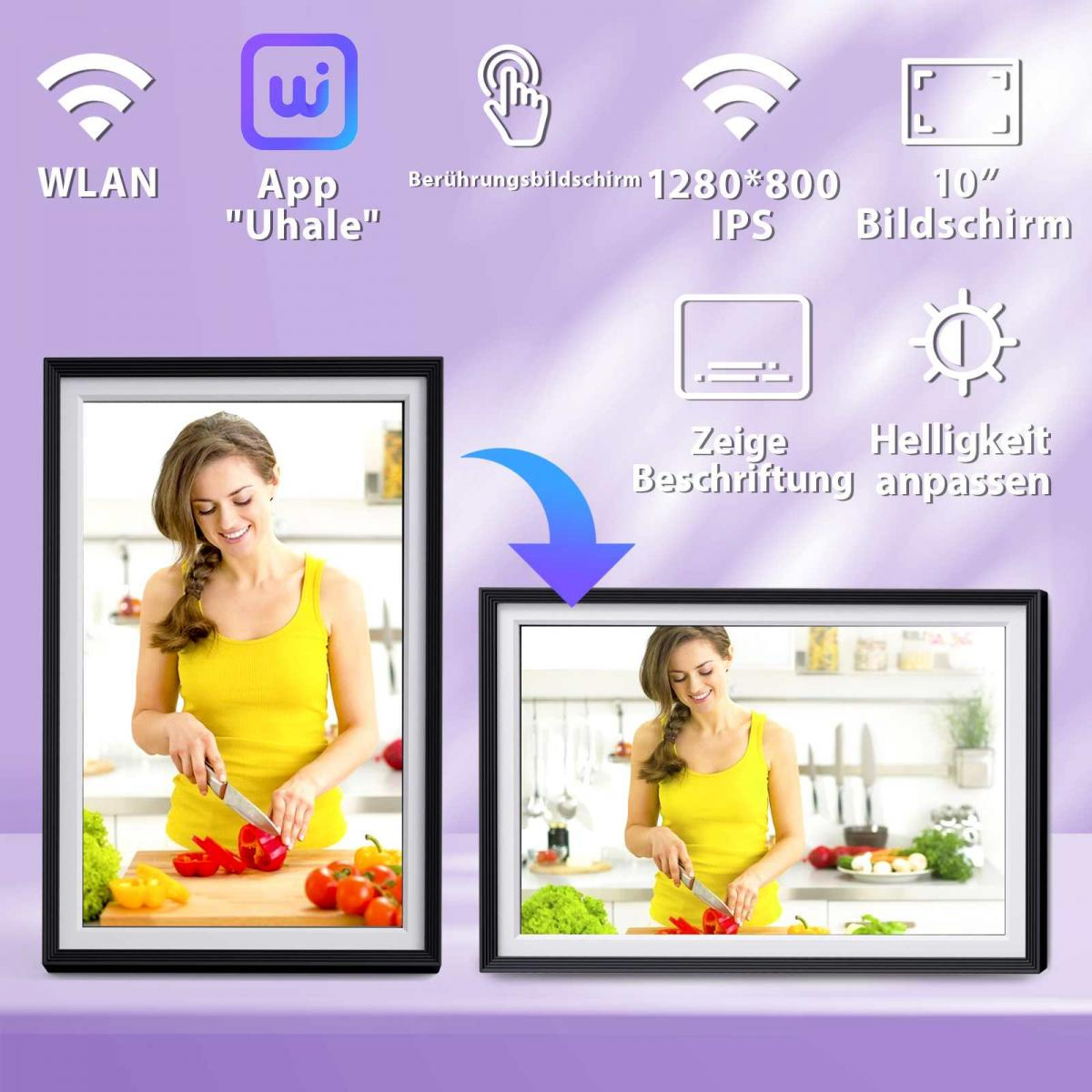 Frau in gelbem Oberteil schneidet Gemüse in der Küche, dargestellt auf einem Bildschirm. Symbole für WLAN, App und Bildschirmdetails sind ebenfalls vorhanden.