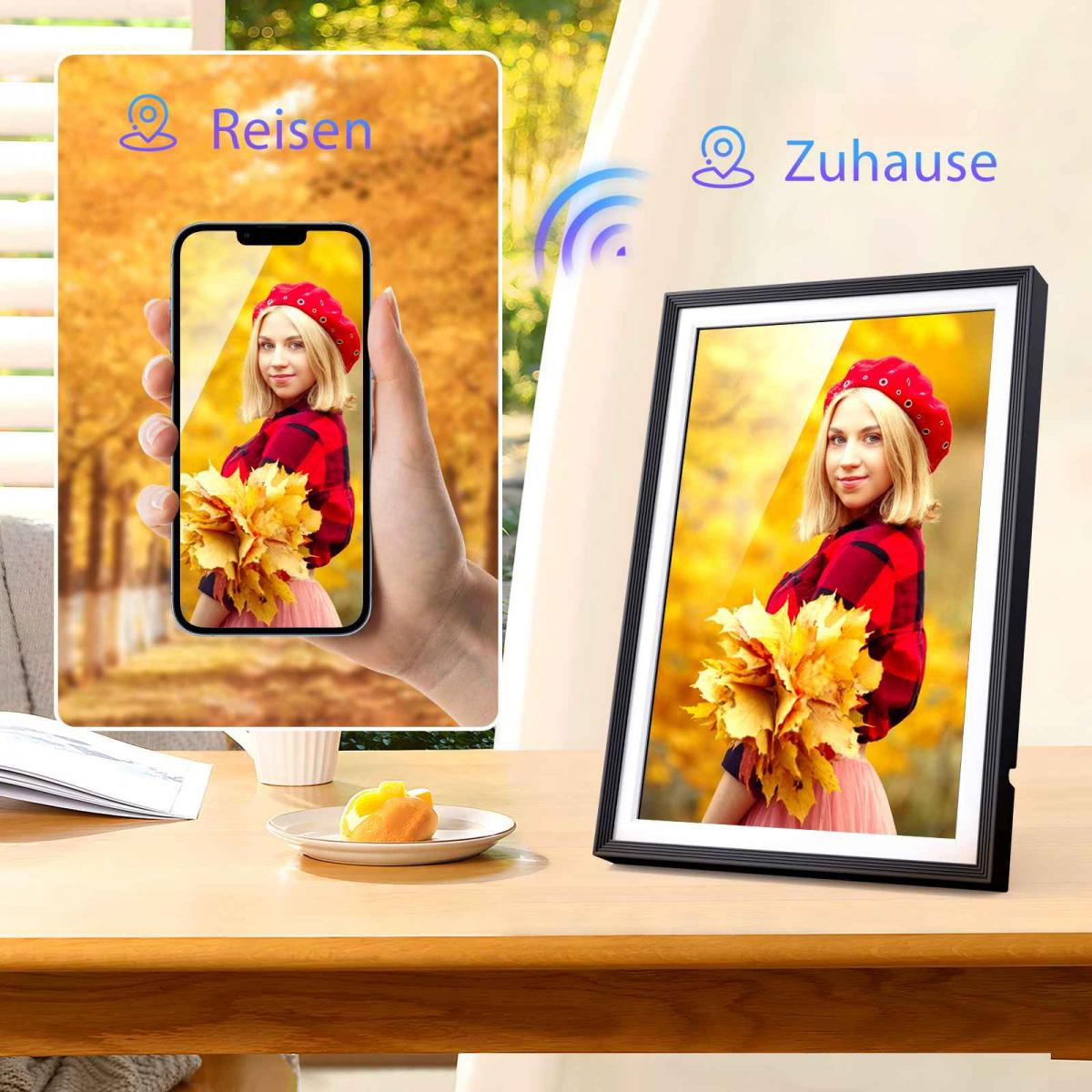 Eine Frau mit roter Baskenmütze hält gelbe Blumen. Ein Telefon und ein digitaler Rahmen zeigen dasselbe Bild. Ein Dessert liegt auf einem Teller.