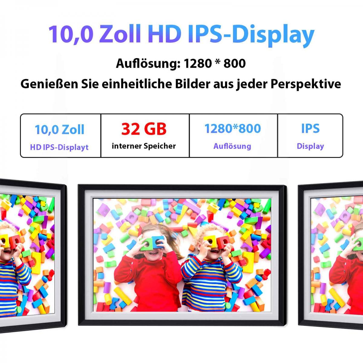 Drei Kinder mit bunten Blöcken, die auf Bildschirmen angezeigt werden. Text oben: 10.0 Zoll HD IPS-Display, Auflösung 1280*800.