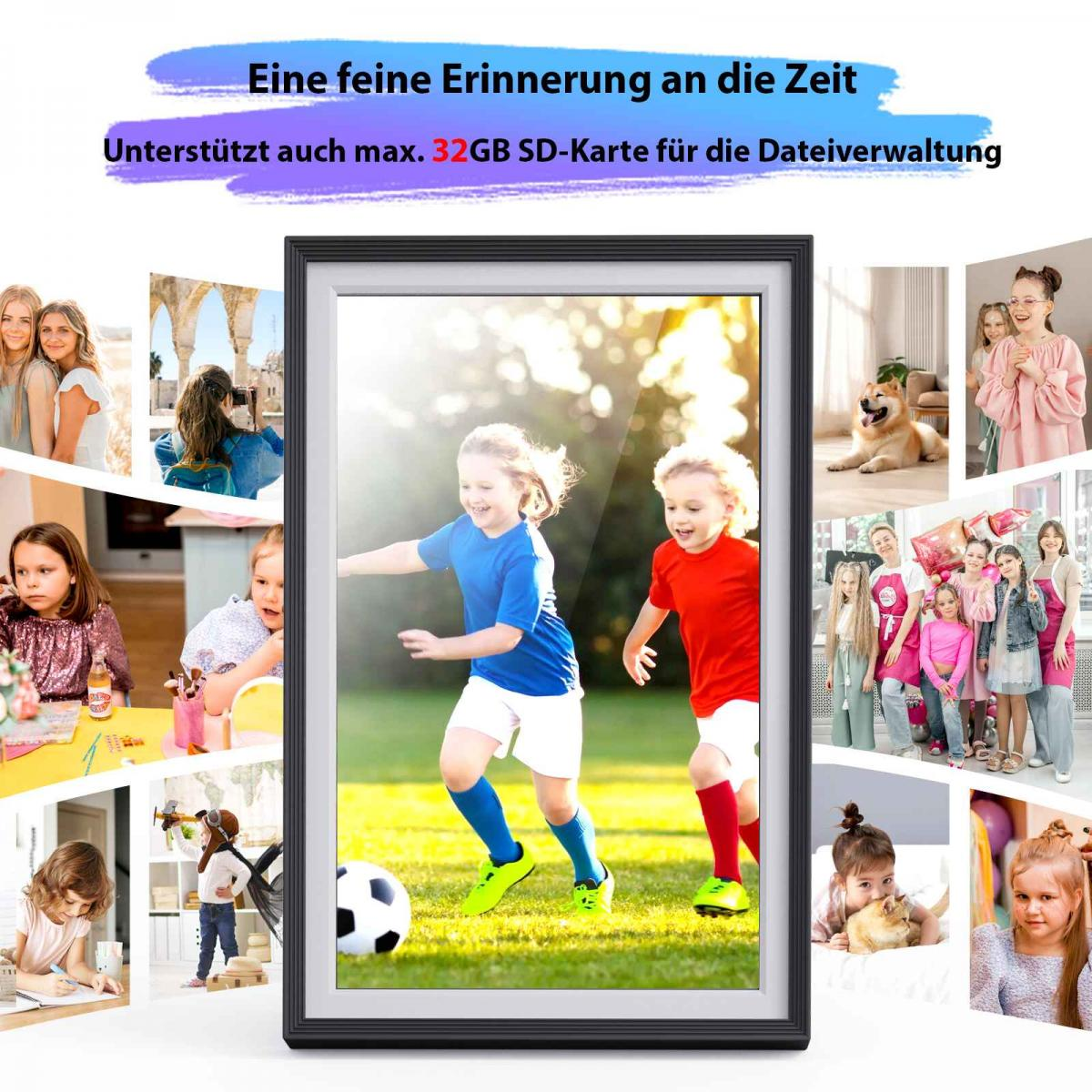 Ein gerahmtes Bild von Kindern, die Fußball spielen, umgeben von anderen Fotos von Kindern und einem Hund. Der Text oben lautet 'Eine schöne Erinnerung'.