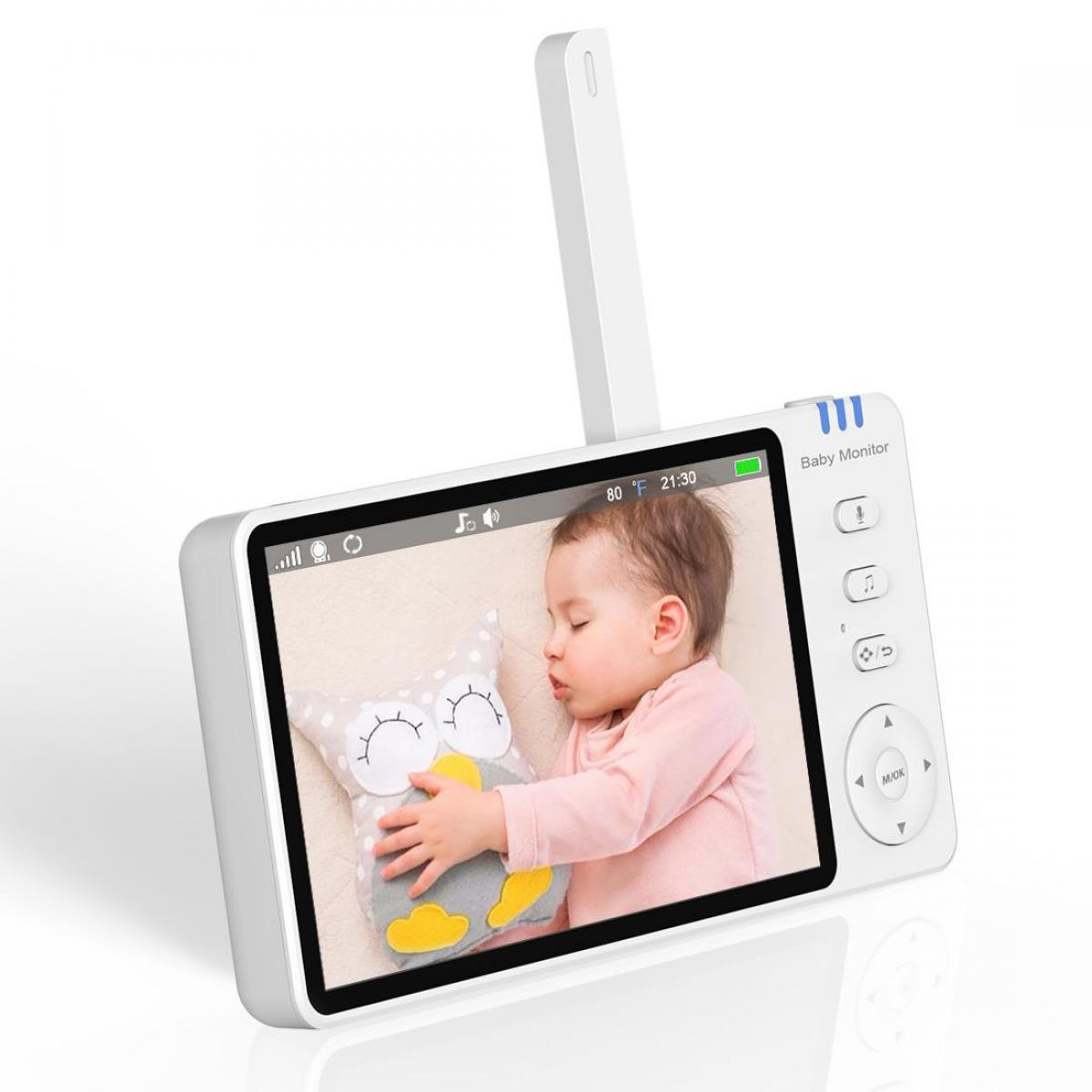 Ein Babyphone zeigt ein schlafendes Baby, das ein Eulen-Kissen umarmt. Der Monitor zeigt Zeit und Temperatur. Knöpfe und ein Modusrad sind an der Seite.
