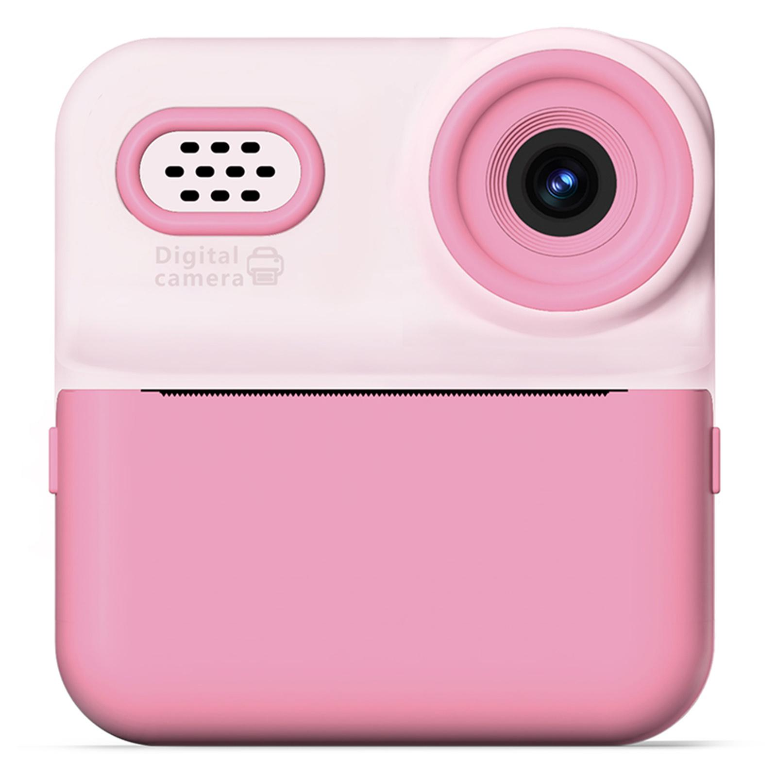 Eine rosa und weiße Digitalkamera. Sie hat ein Objektiv, einen Lautsprecher und einen unteren Abschnitt zum Drucken von Fotos.