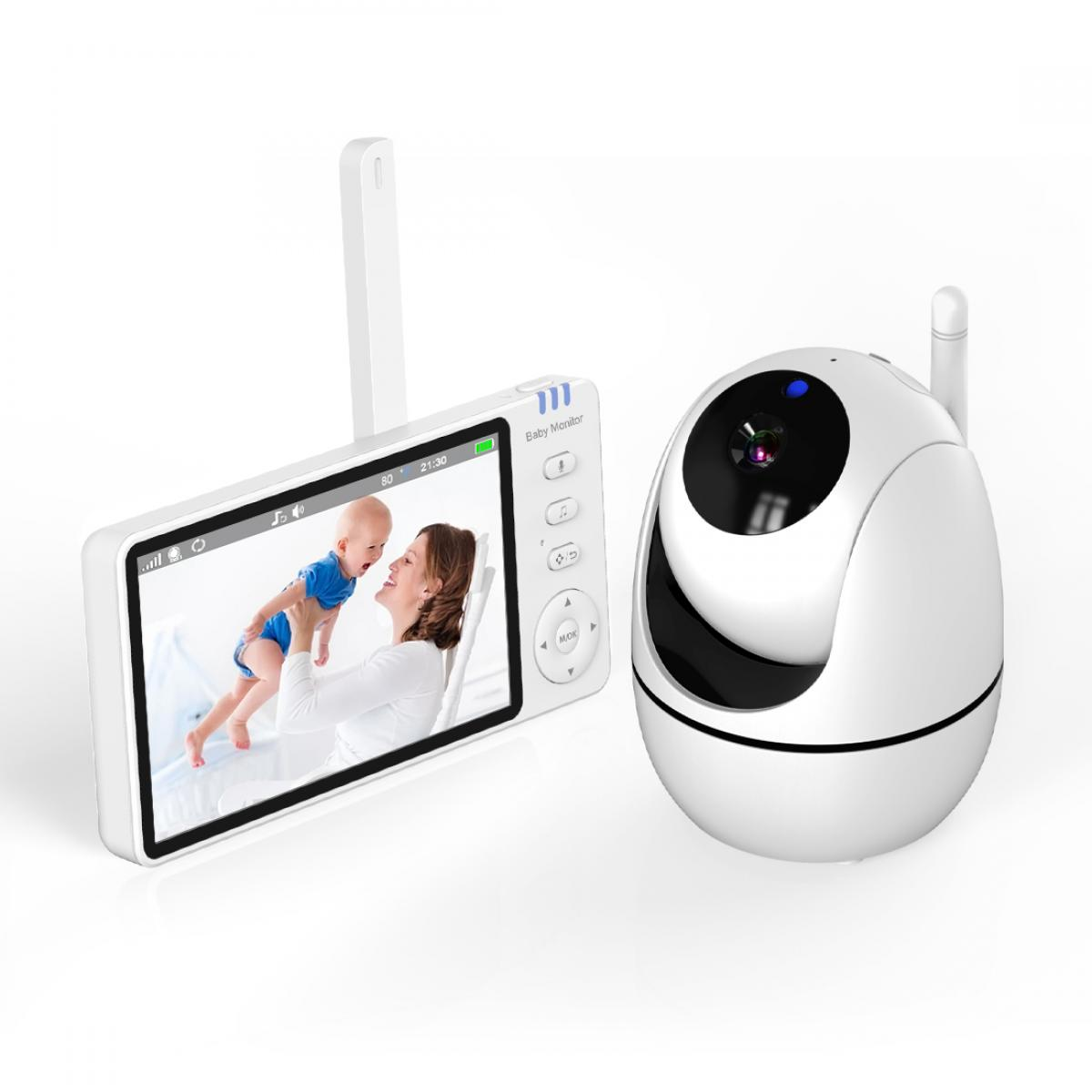 Ein weißes Babyphone-Set. Der Bildschirm zeigt eine Mutter, die ein Baby hält. Die Kamera befindet sich rechts.