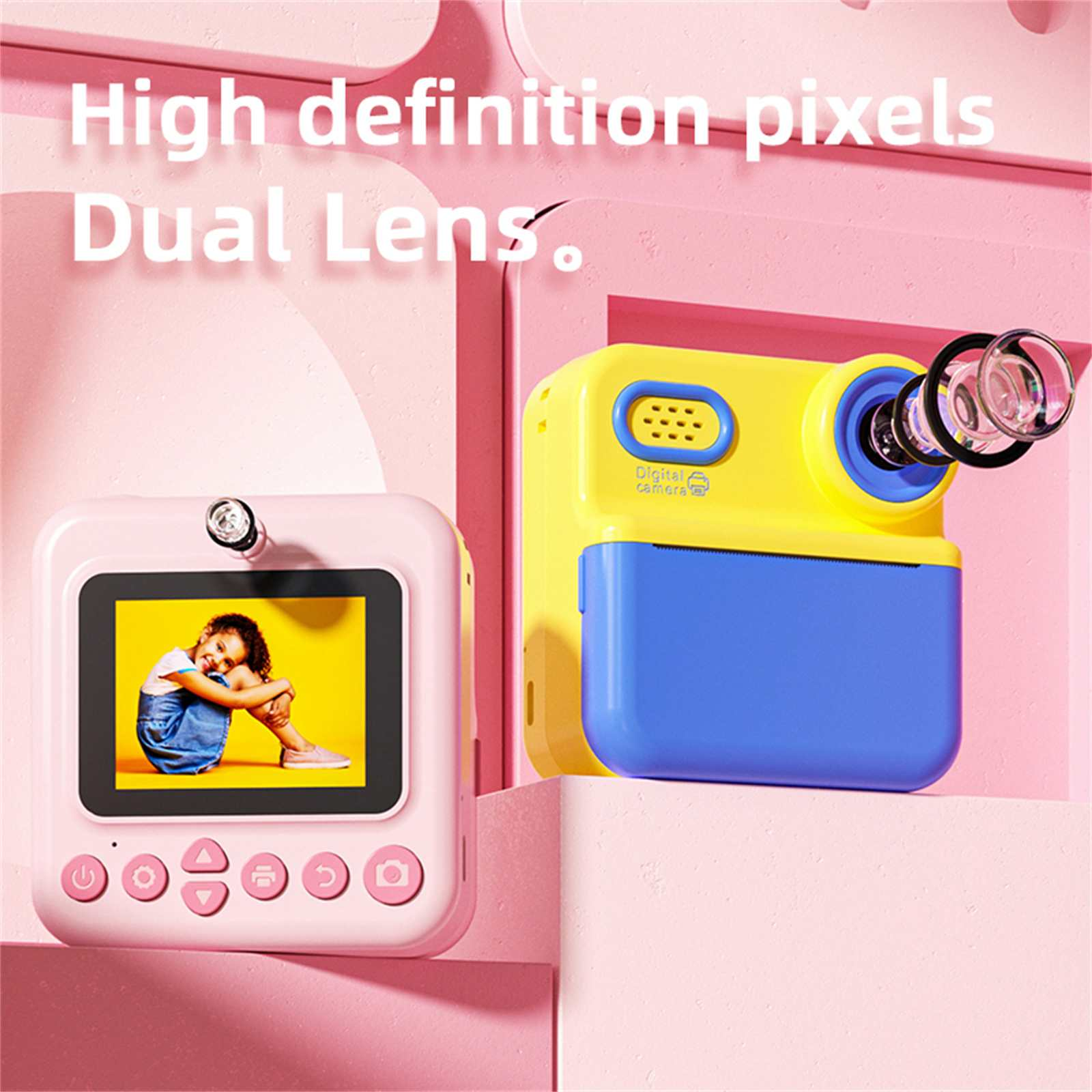Rosa-gelbe Digitalkamera mit Doppellinsen und einem Bildschirm, der ein Kind zeigt. Text lautet 'High definition pixels'.