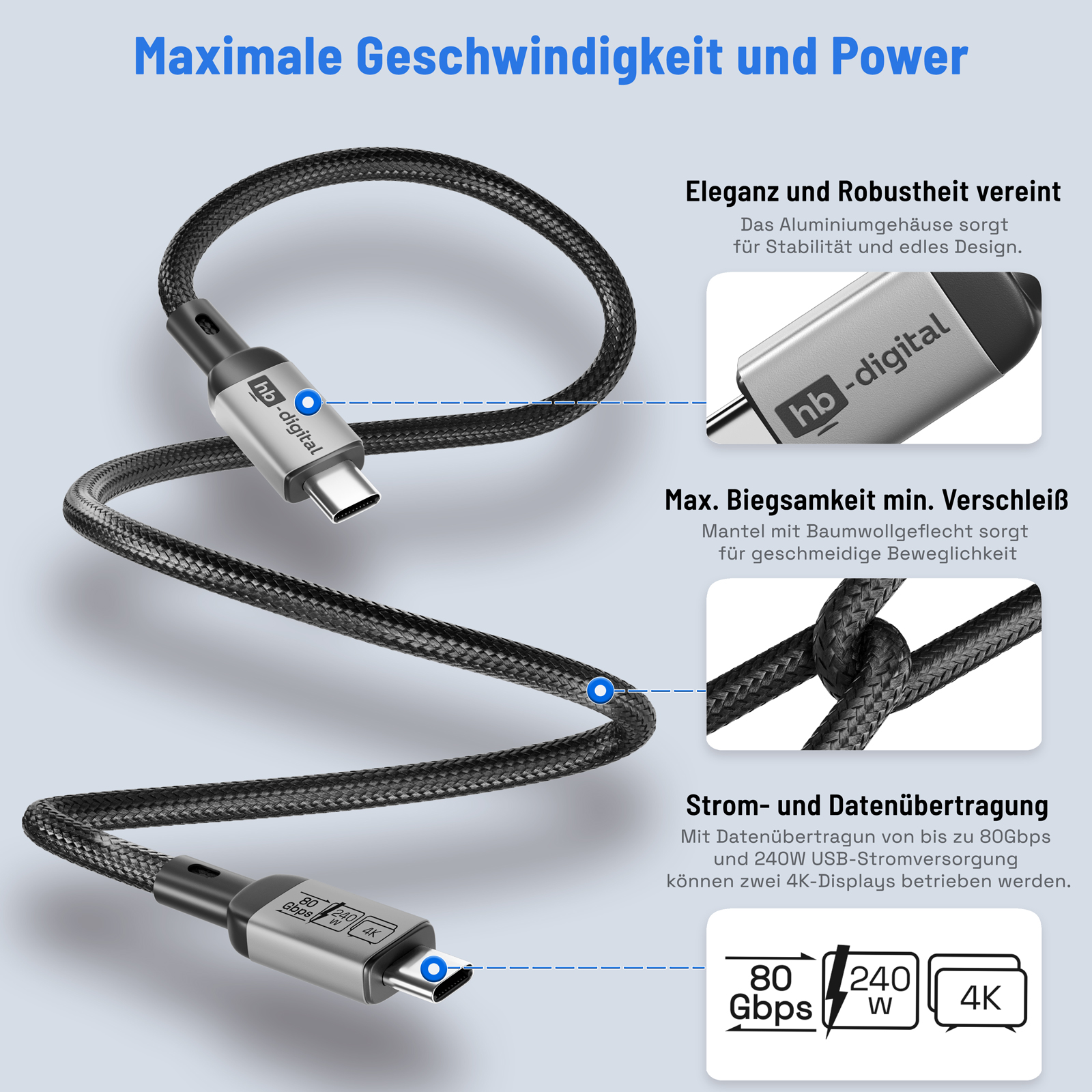 Ein schwarzes USB-C-Kabel mit silbernen Anschlüssen. Textelemente beschreiben Datenübertragung, Geschwindigkeit und 4K-Display-Unterstützung.