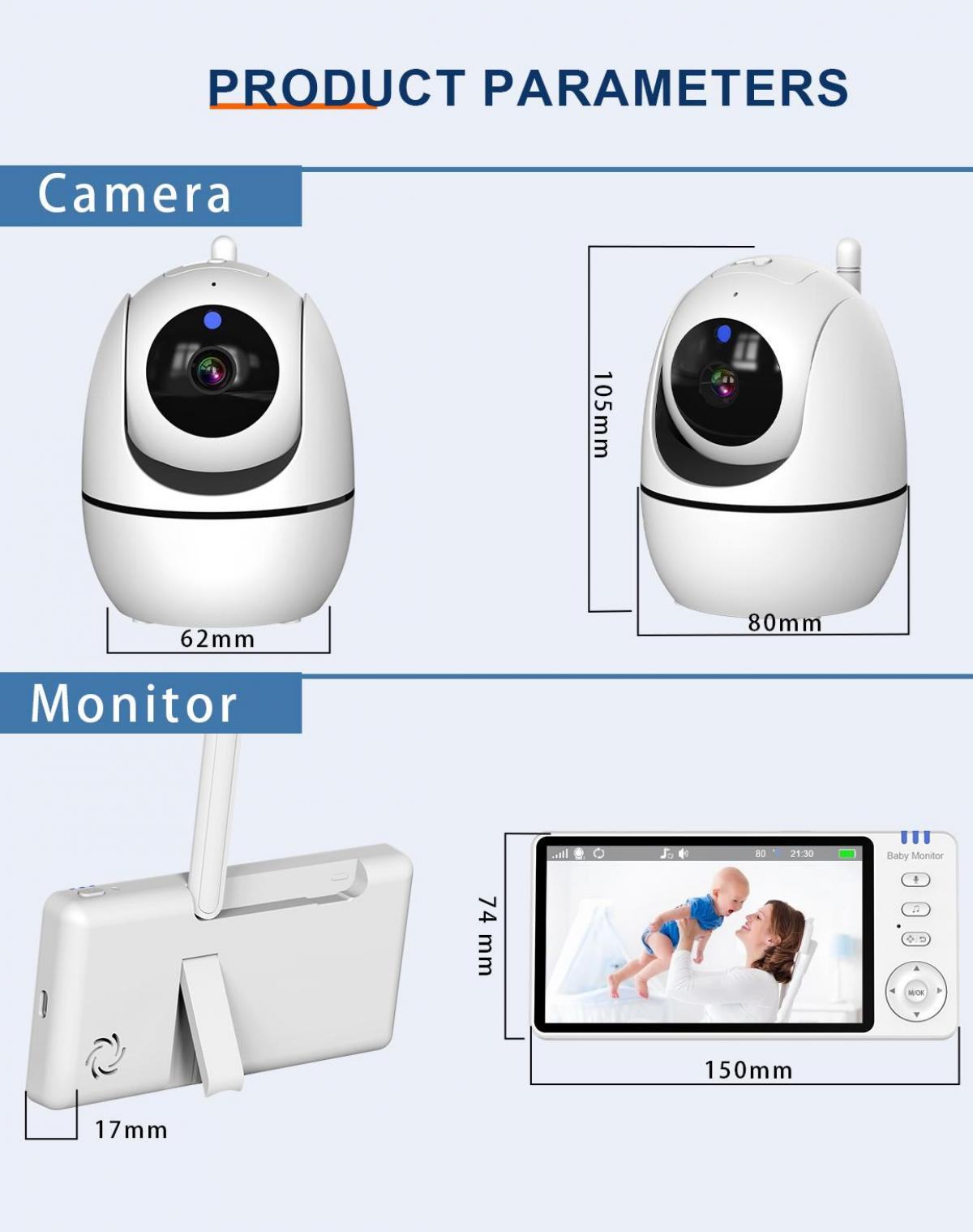 Diagramm eines Babyphone-Systems: Kamera und Monitor. Die Kamera ist weiß und zeigt Abmessungen. Der Monitor zeigt ein Baby.