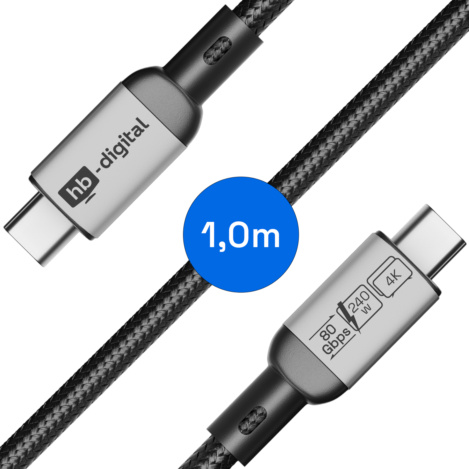 Ein USB-C-Kabel mit silbernen Steckern, einem schwarz geflochtenen Kabel und einem blauen Kreis mit '1,0m'.