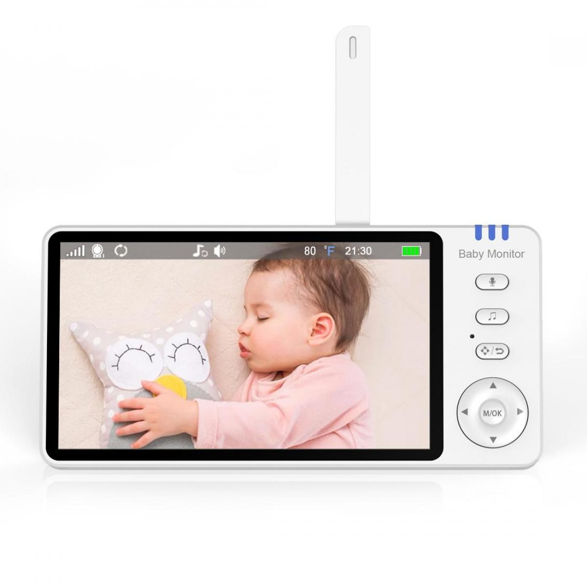Ein Baby schläft im Bett und hält ein Eulen-Kissen. Das Bild ist auf einem Babyphone-Bildschirm mit Uhrzeit und Temperatur.