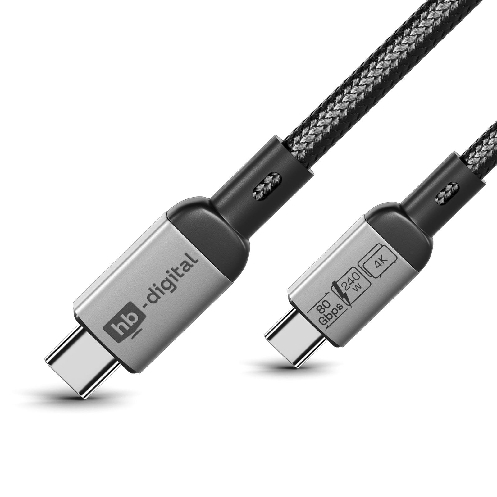 Zwei USB-C-Kabel. Eines trägt 'hb-digital'. Das andere hat die Aufschrift '80 Gbit/s', '240 W' und '4K'.