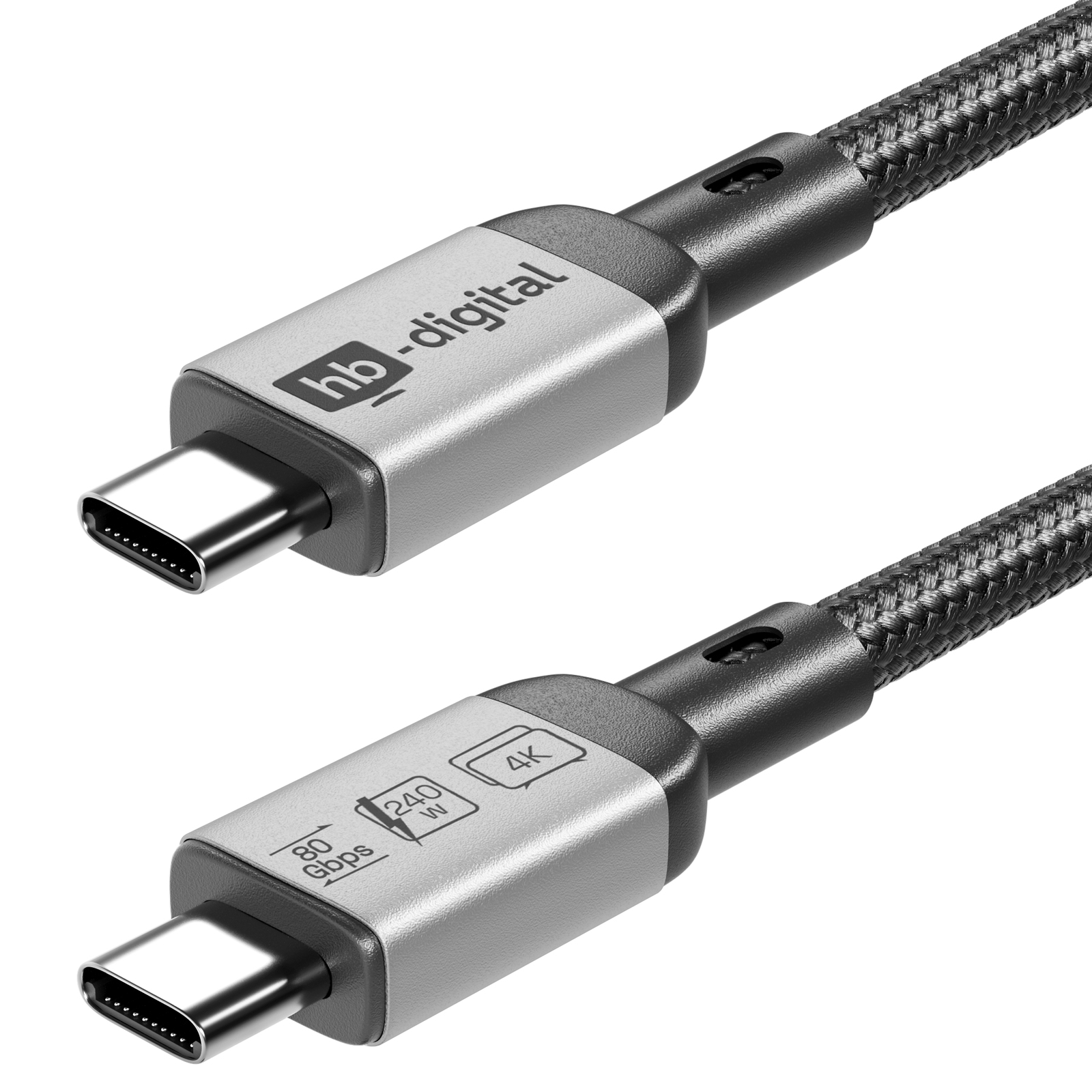 Nahaufnahme von zwei USB-C-Kabeln. Eines trägt 'hb-digital'. Beide haben geflochtene schwarze Kabel und silberne Anschlüsse.