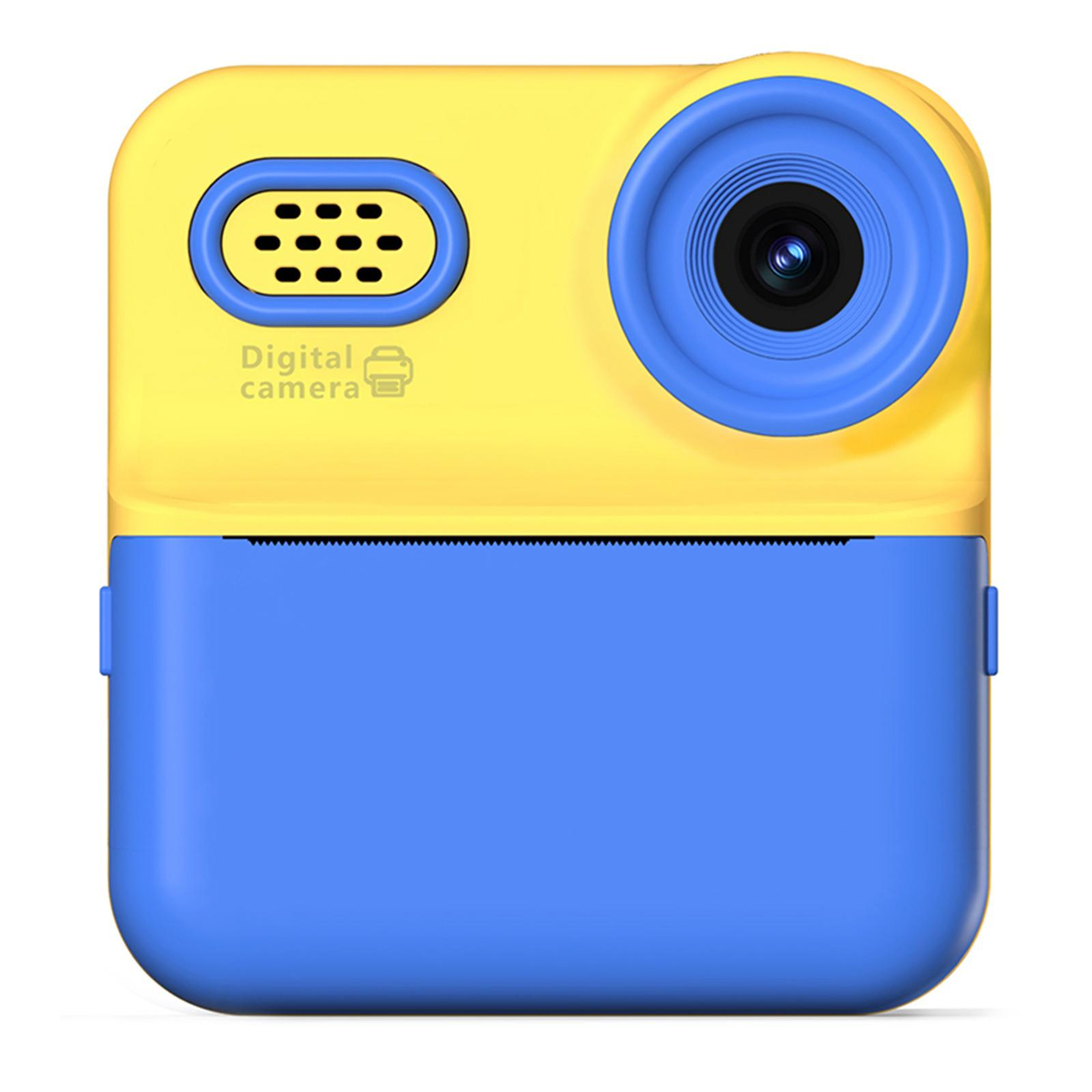 Eine gelb-blaue Digitalkamera. Sie hat ein Objektiv, Lautsprecherlöcher und einen blauen unteren Bereich.