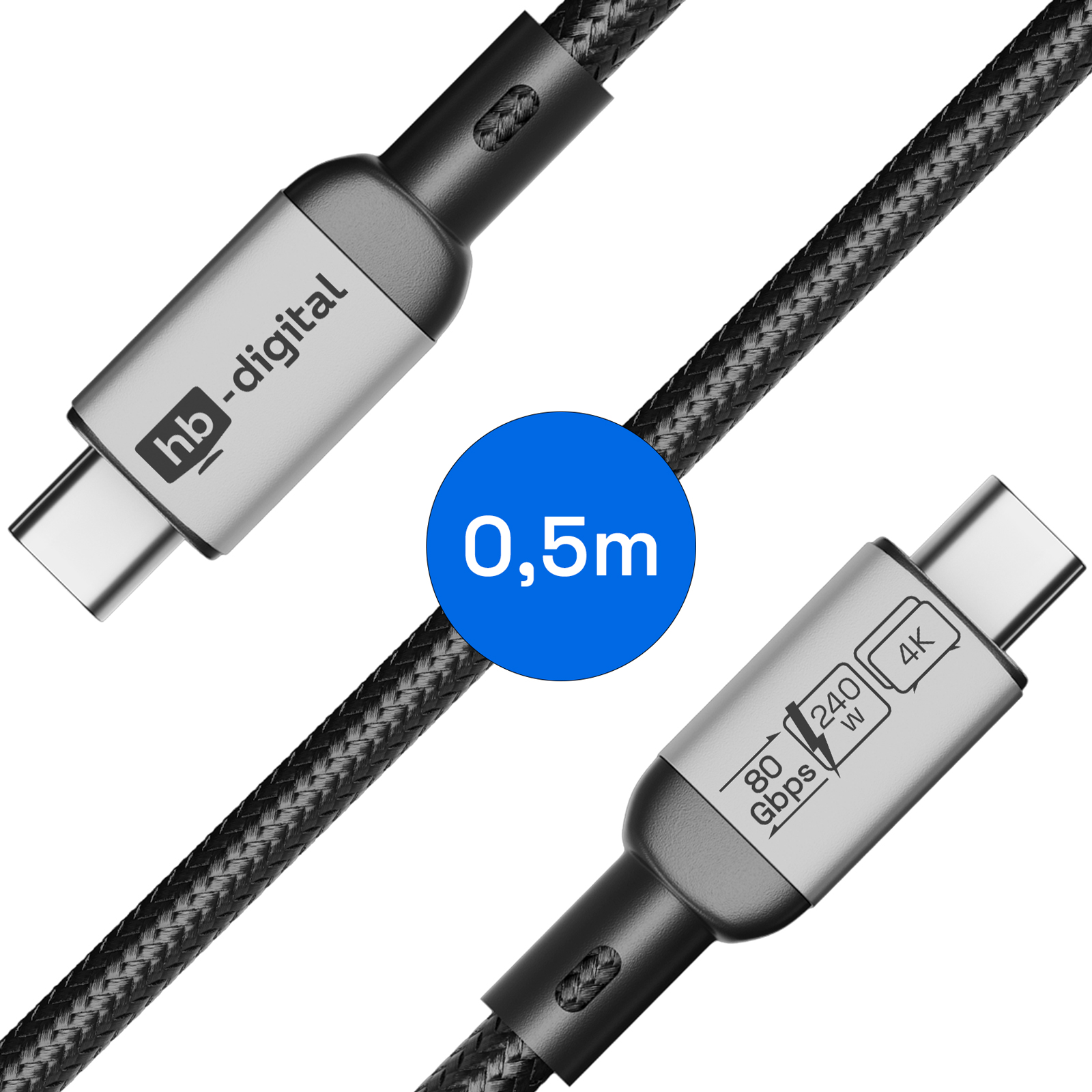Ein schwarzes USB-C-Kabel mit silbernen Anschlüssen. Merkmale sind 0,5 m Länge, 80 Gbit/s, 240 W und 4K. Die Marke ist hb-digital.