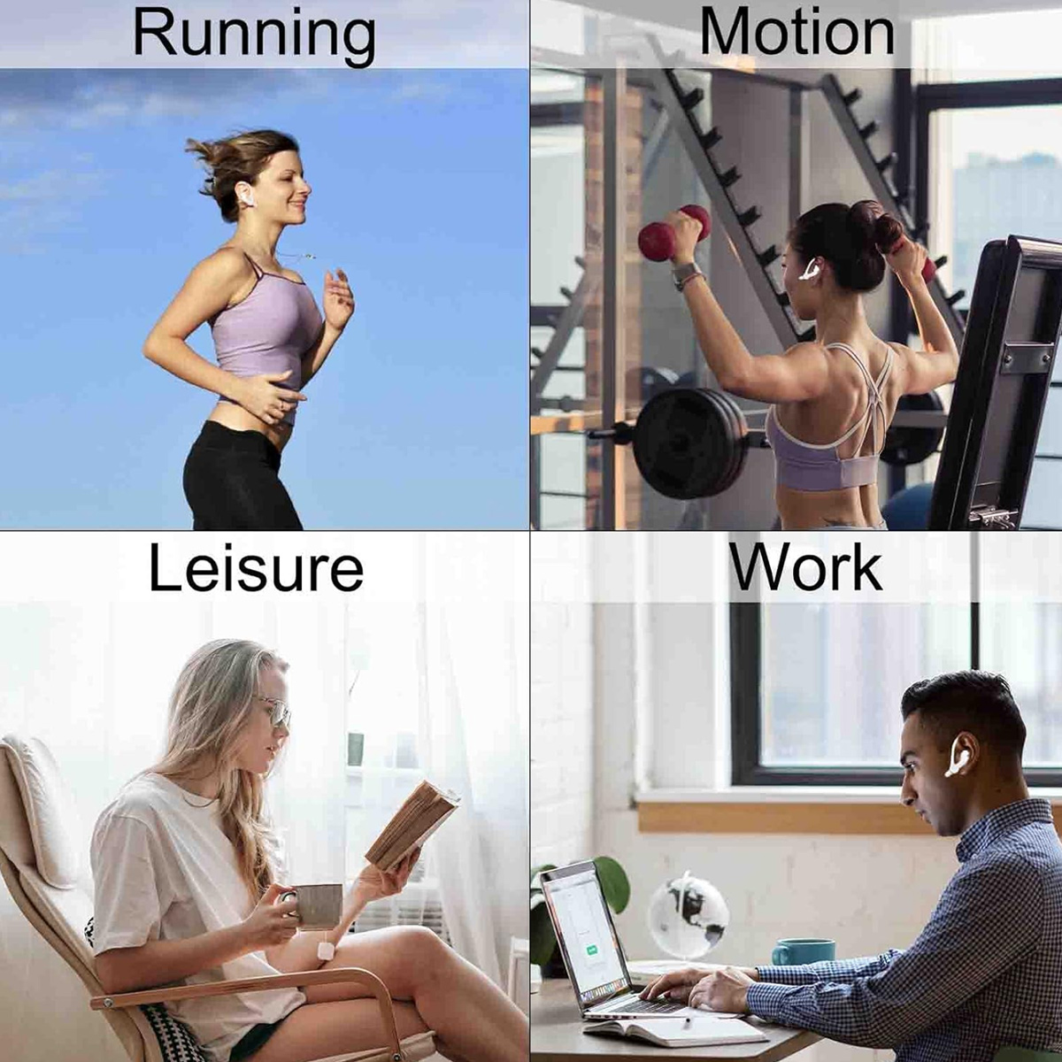 Das Bild zeigt Aktivitäten: Laufen, Training im Fitnessstudio, Lesen und Arbeiten an einem Schreibtisch, jeweils mit Kopfhörern.