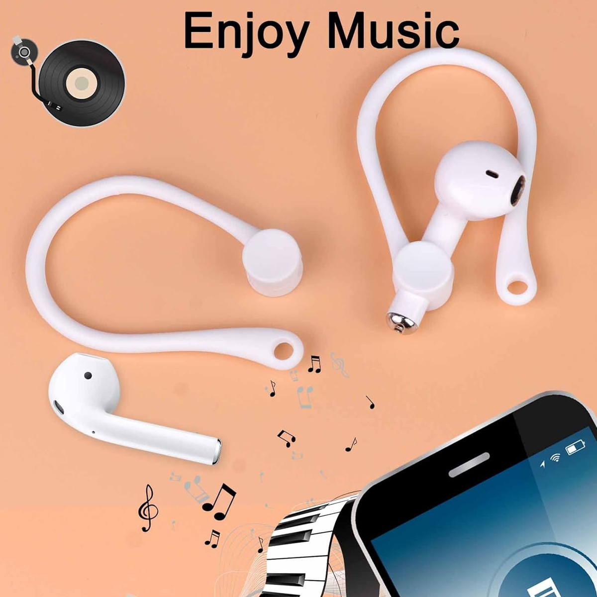 Weiße Ohrhörer mit Ohrhaken, ein Smartphone, Noten und Klaviertasten auf orangefarbenem Hintergrund mit dem Text "Enjoy Music".