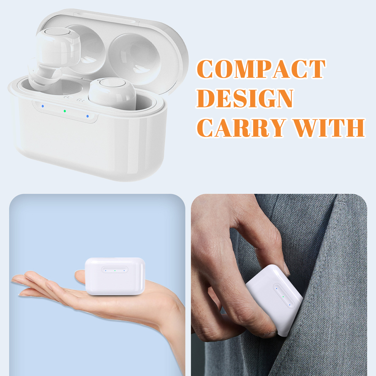 Weiße Ohrhörer und Ladecase, in verschiedenen Kontexten dargestellt, zeigen kompaktes Design und Portabilität. Text: Kompaktes Design, Carry With.