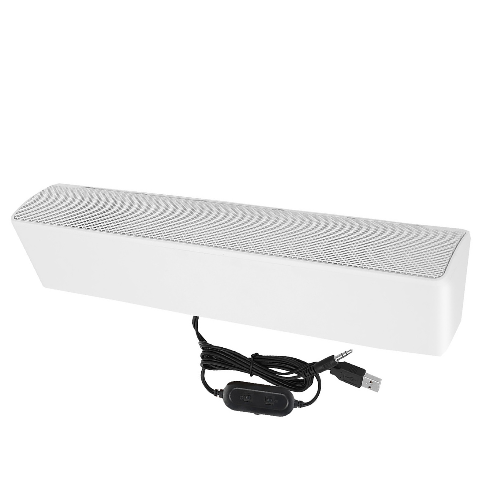 Eine weiße Soundbar mit silbernem Mesh-Top. Ein schwarzes Kabel mit Steuereinheit und USB/Audio-Anschlüssen ist verbunden.