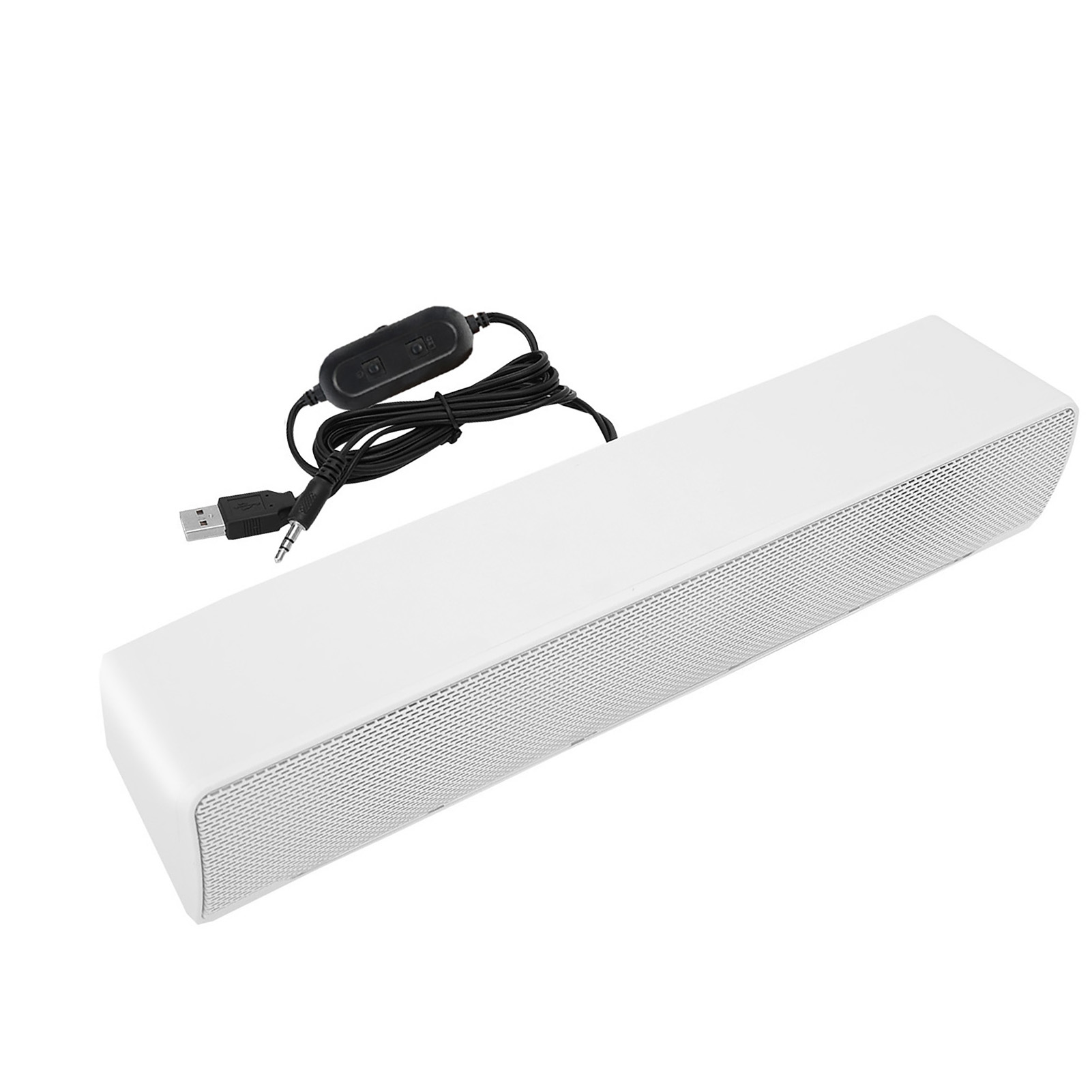 Eine weiße Soundbar mit einem schwarzen Steuermodul und Kabeln. Ein USB- und ein 3,5-mm-Klinkenstecker sind angeschlossen.