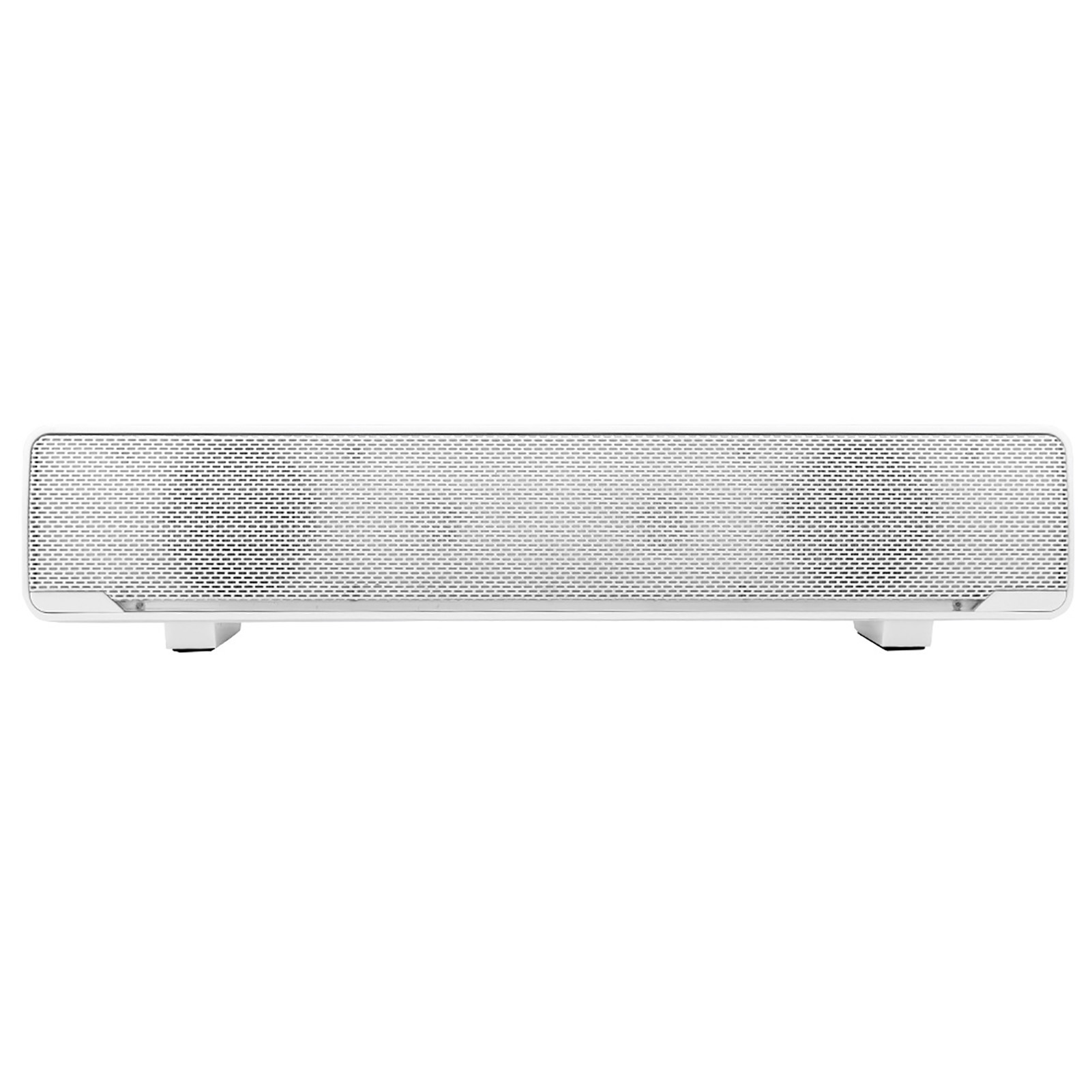Eine weiße Soundbar mit einem Mesh-Front und zwei kleinen Füßen. Der Hintergrund ist schlicht weiß.
