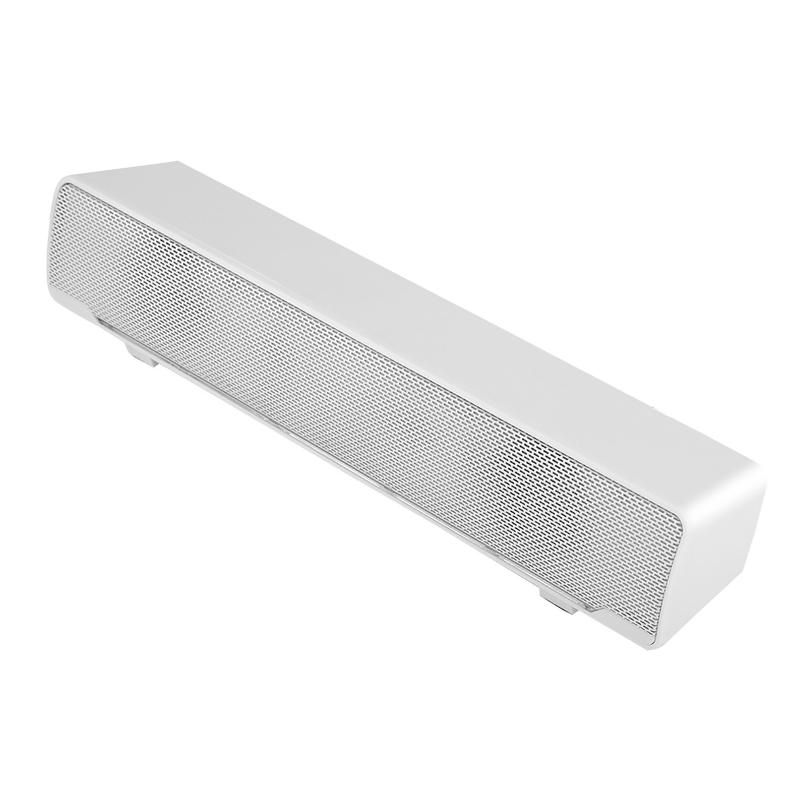 Eine weiße Soundbar mit einem Gitter vorne ist abgewinkelt. Der Hintergrund ist schlicht weiß.
