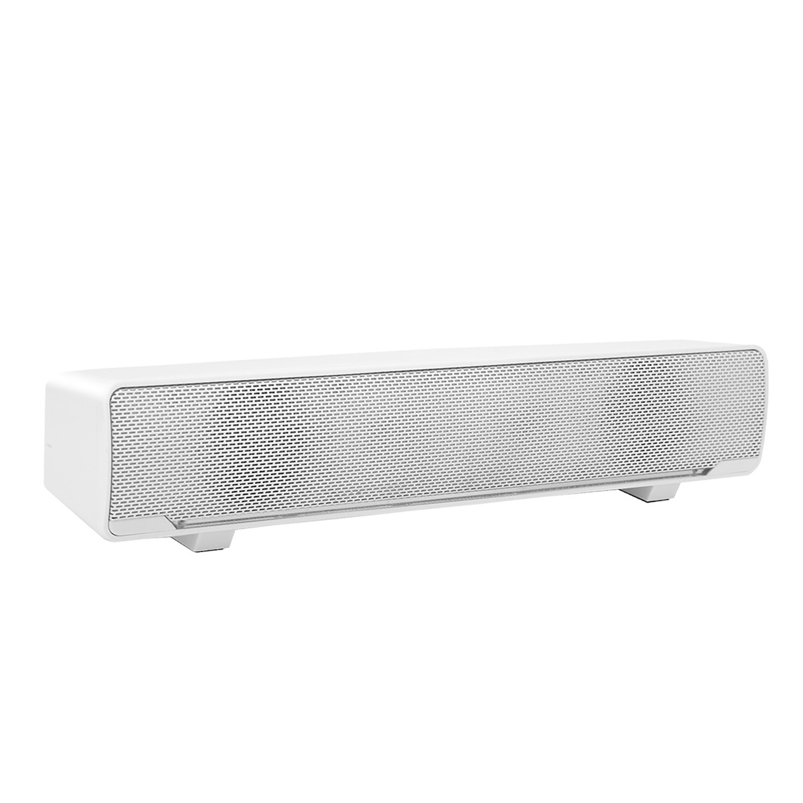 Eine weiße Soundbar auf weißem Untergrund. Die Vorderseite hat ein metallisches Gitter. Sie ist rechteckig und steht auf kleinen Füßen.