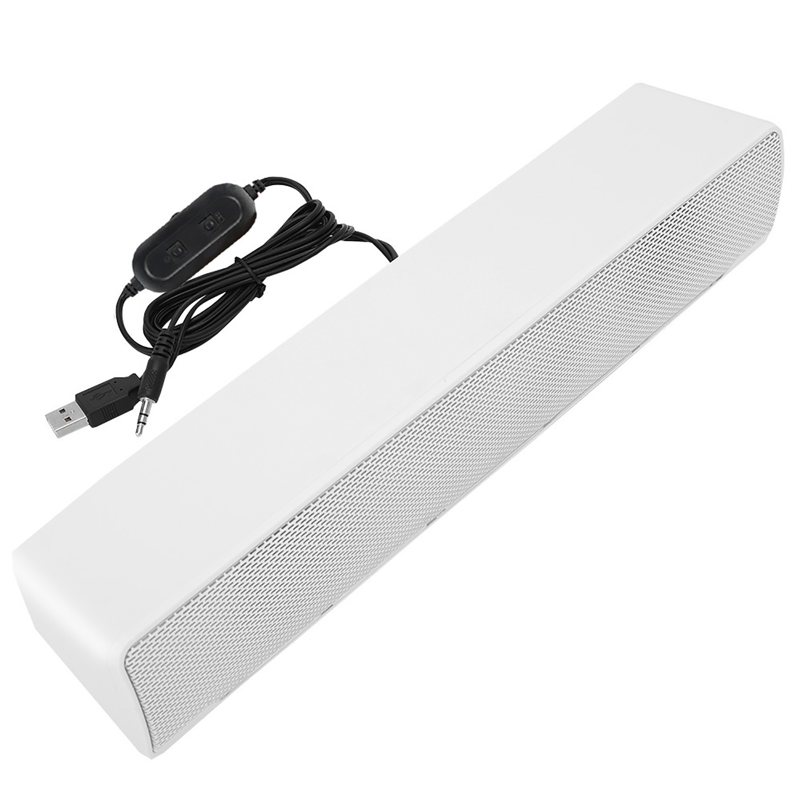 Eine weiße Soundbar mit einem schwarzen Steuerkabel, USB-Anschluss und Audioanschluss.