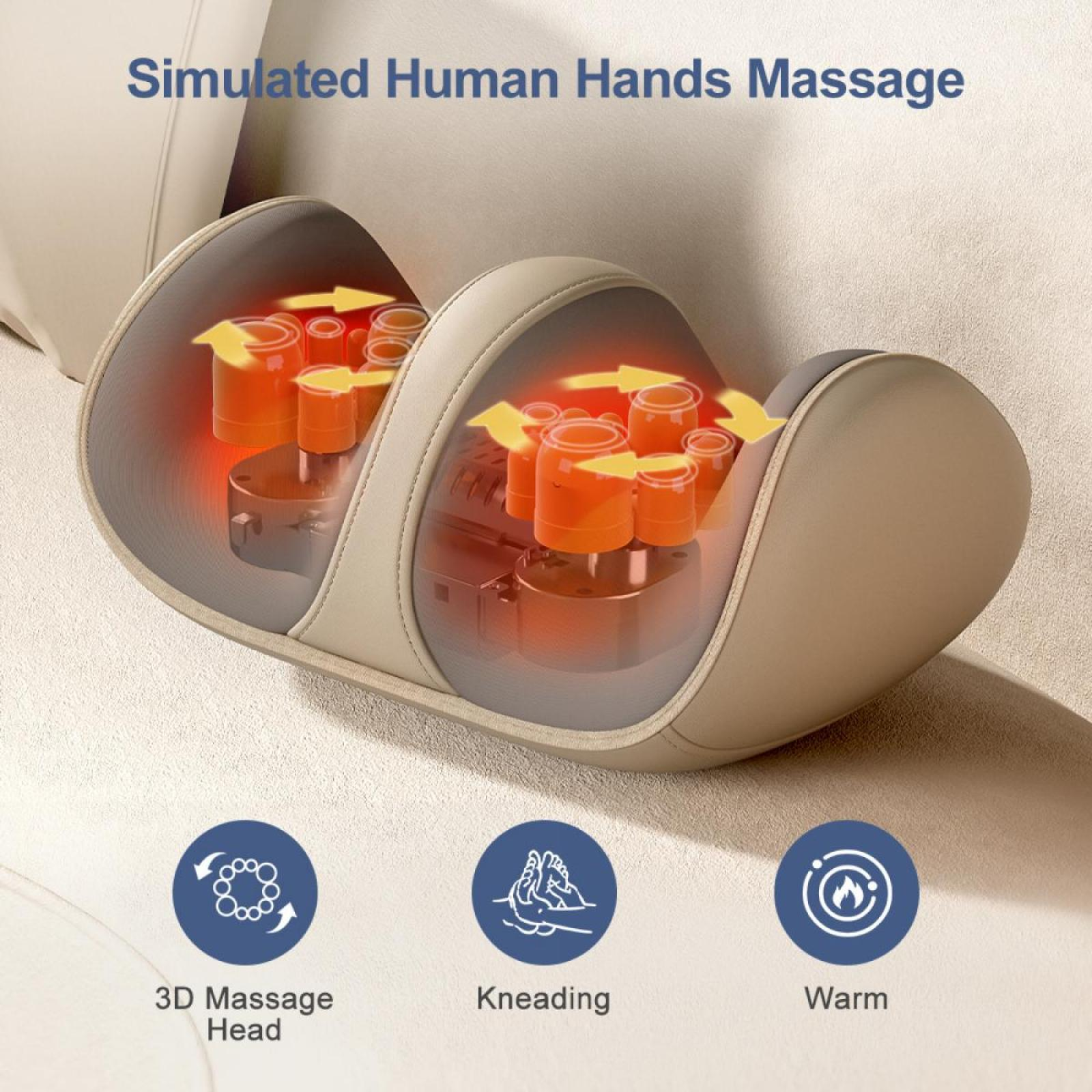 Ein Massagegerät mit orangefarbenen Innenkomponenten, umgeben von beigem Material. Symbole zeigen 3D-Massage, Kneten und Wärmefunktionen an.