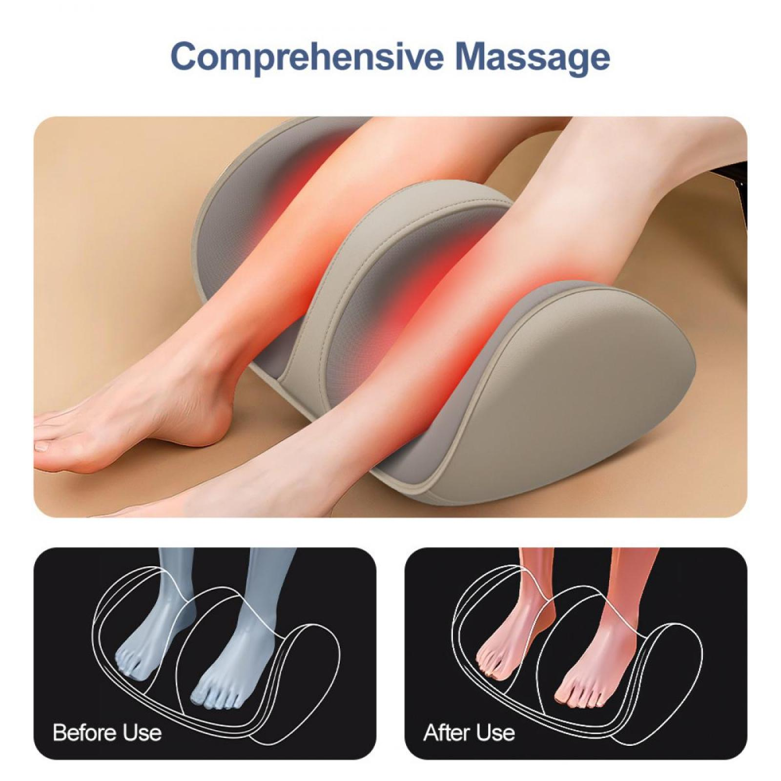 Beine ruhen auf Massagekissen mit rotem Wärmeeffekt. Vorher- und Nachher-Fußdiagramme werden angezeigt.
