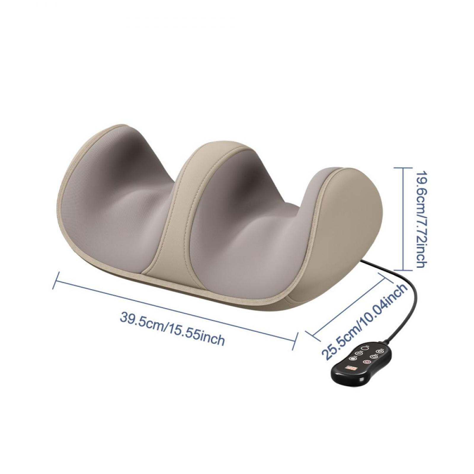 Ein beiges und graues Nackenmassagegerät mit Abmessungen. Es hat eine Fernbedienung und ein Kabel. Der Hintergrund ist weiß.