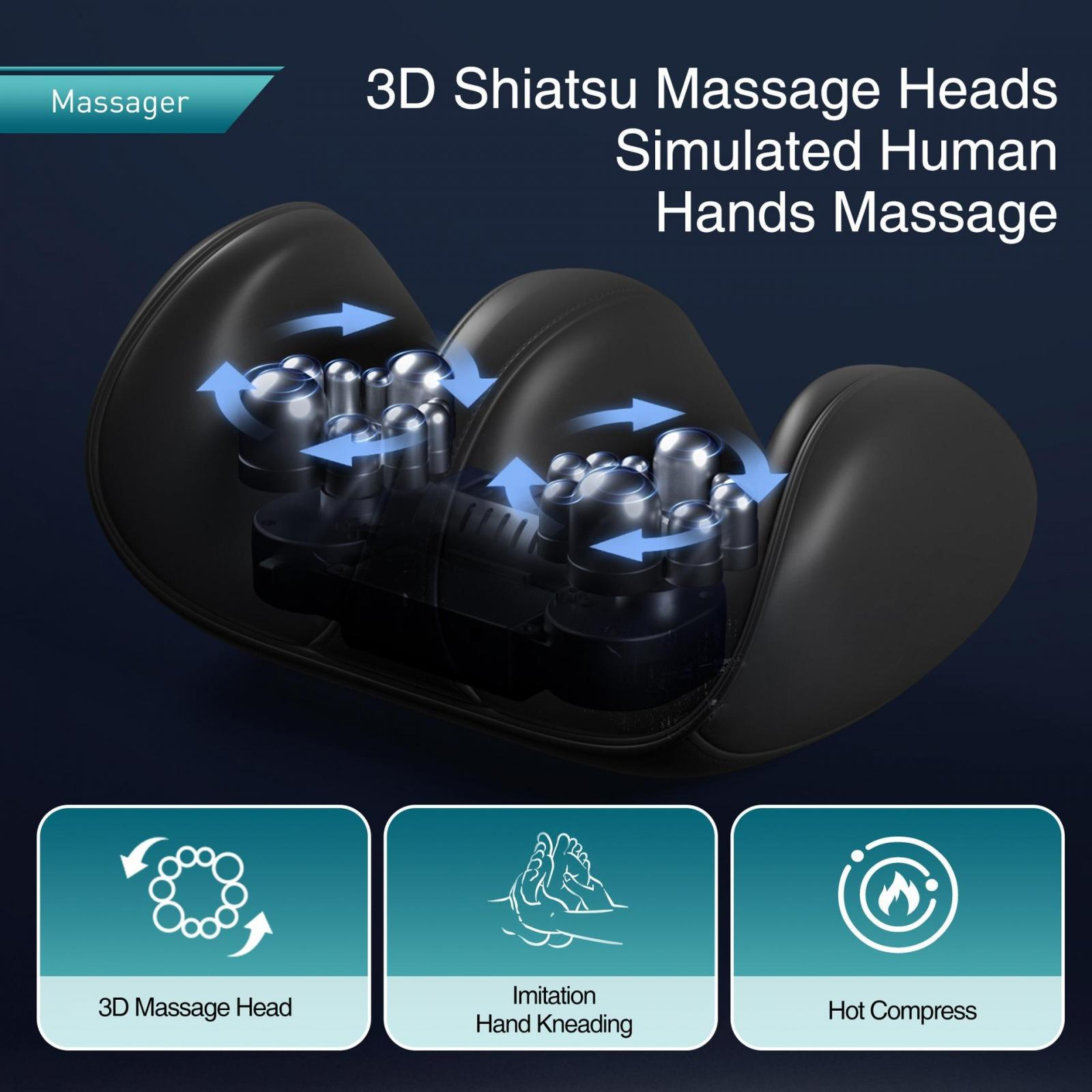 Bild eines schwarzen Massagegeräts mit Massageköpfen. Merkmale sind 3D-Massagekopf, Imitation Handkneten und Heißkompresse.
