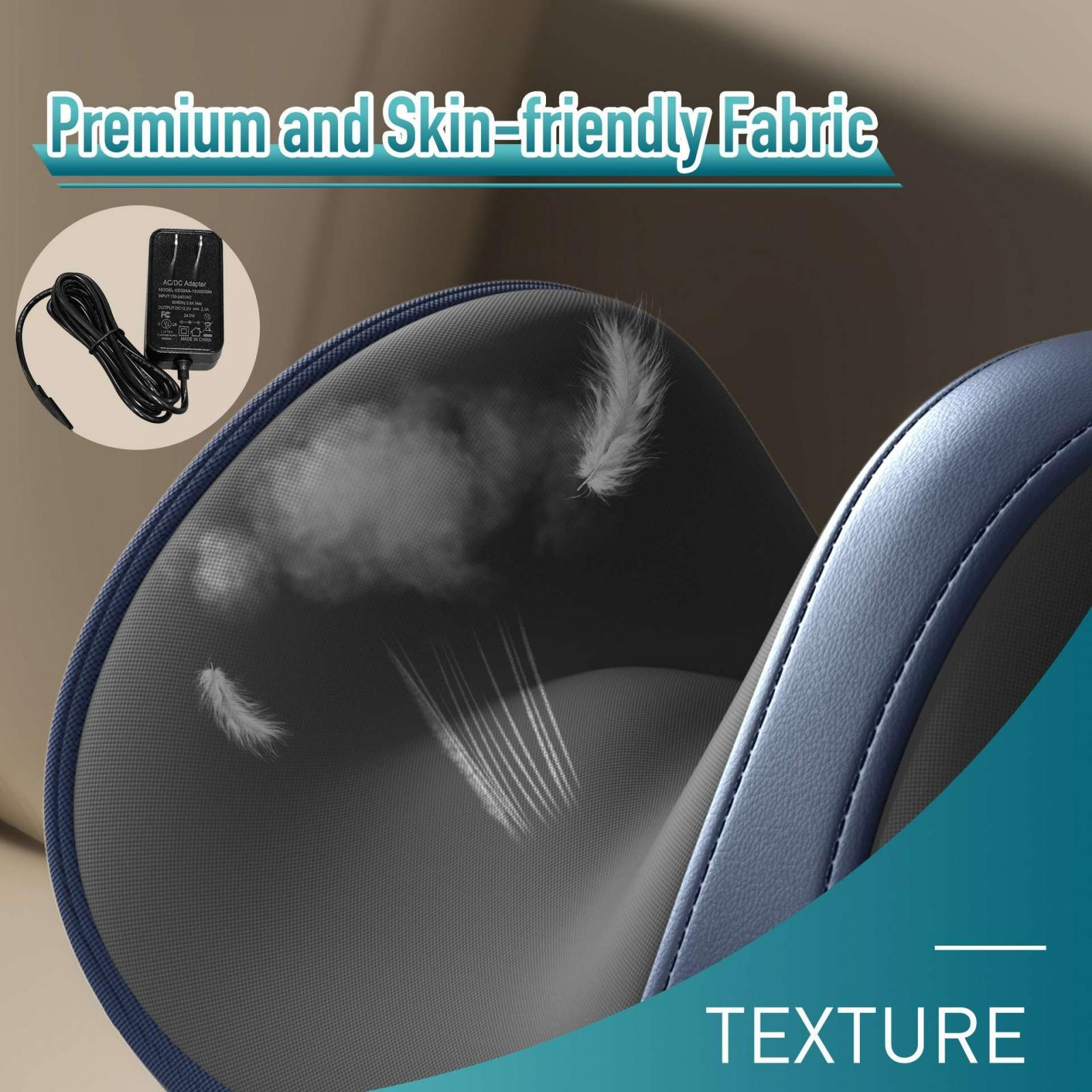 Nahaufnahme eines Produkts mit Stoffstruktur, einem Netzteil und weißen Federdetails. Text-Overlay: 'Premium and Skin-friendly Fabric'.