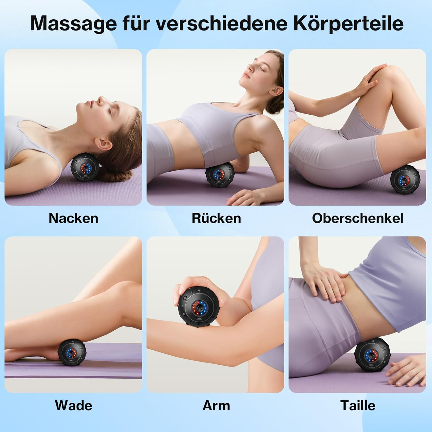 Bild zeigt Massage für Körperteile. Frauen verwenden einen Massageball an Nacken, Rücken, Oberschenkel, Wade, Arm und Taille.